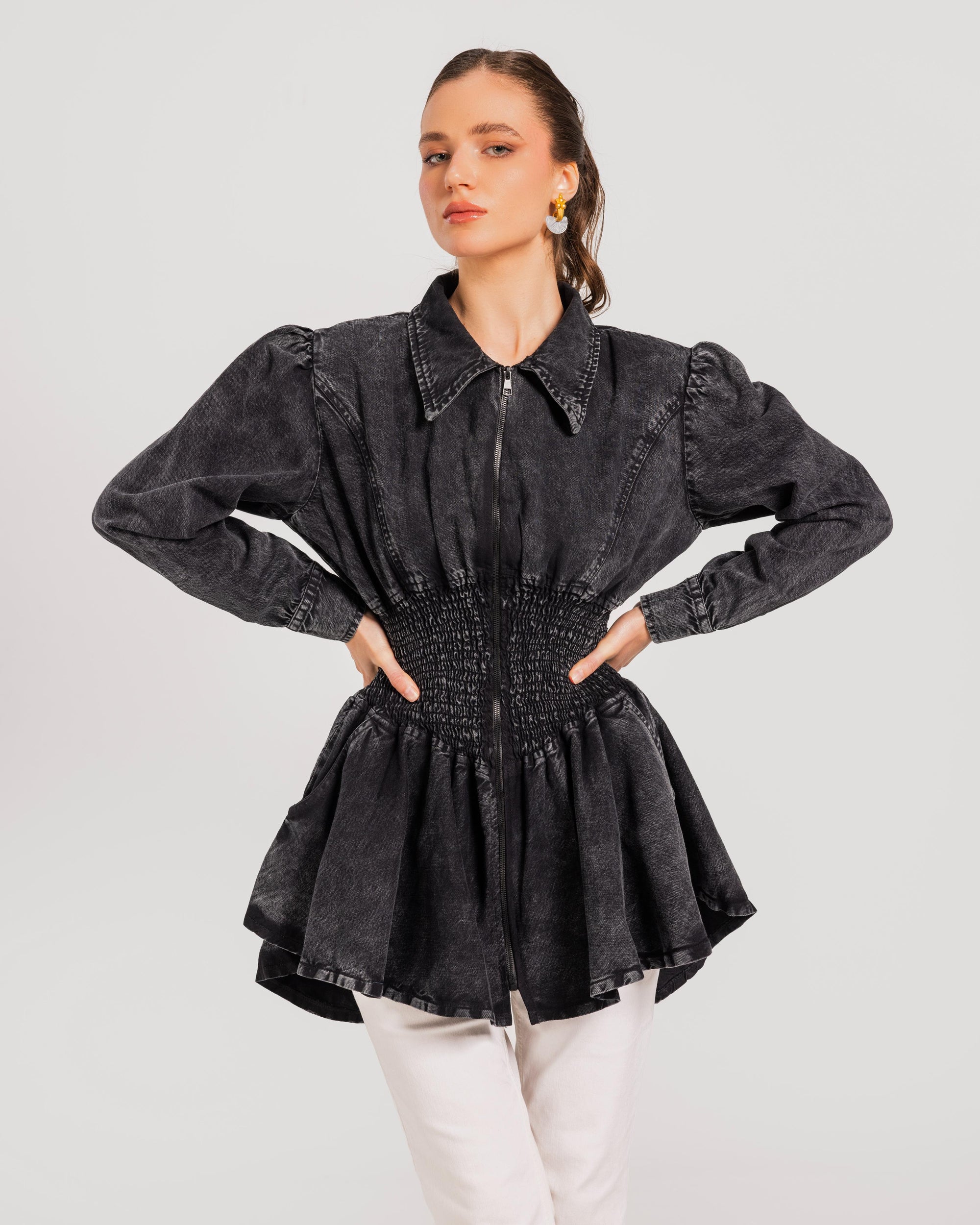 Washed Black Peplum Denim Jacket