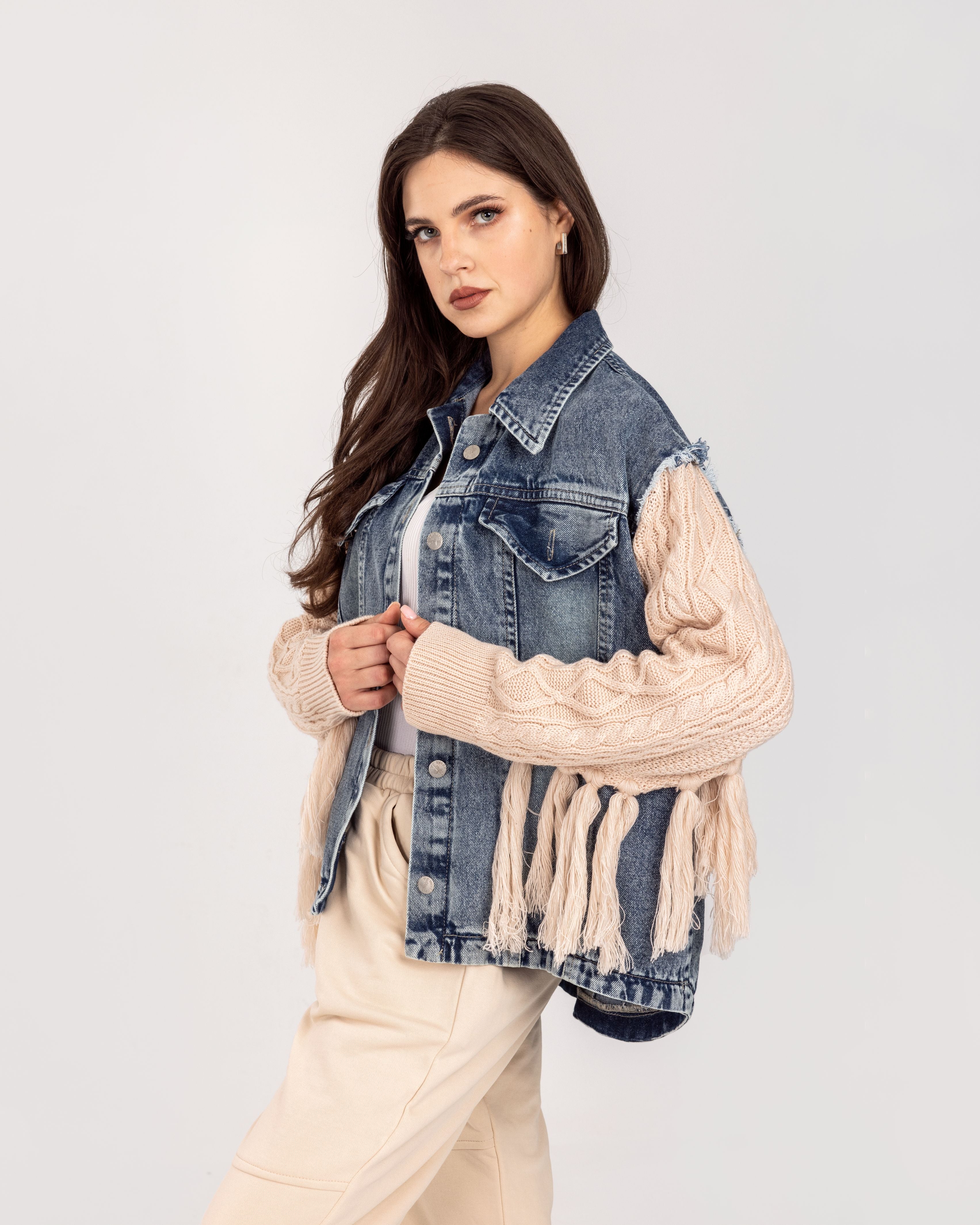 Denim x Beige Knit Fringes Jacket