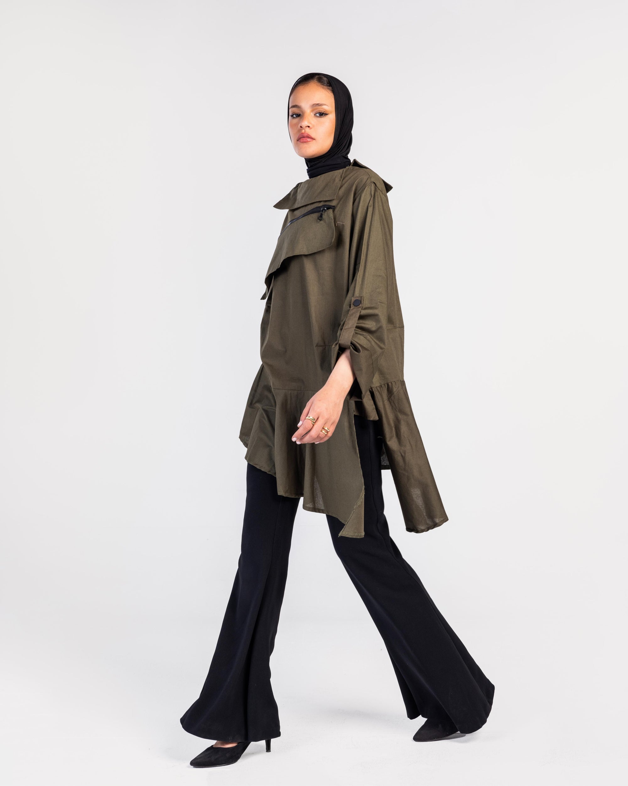 Olive Zipper Poplin Shirt