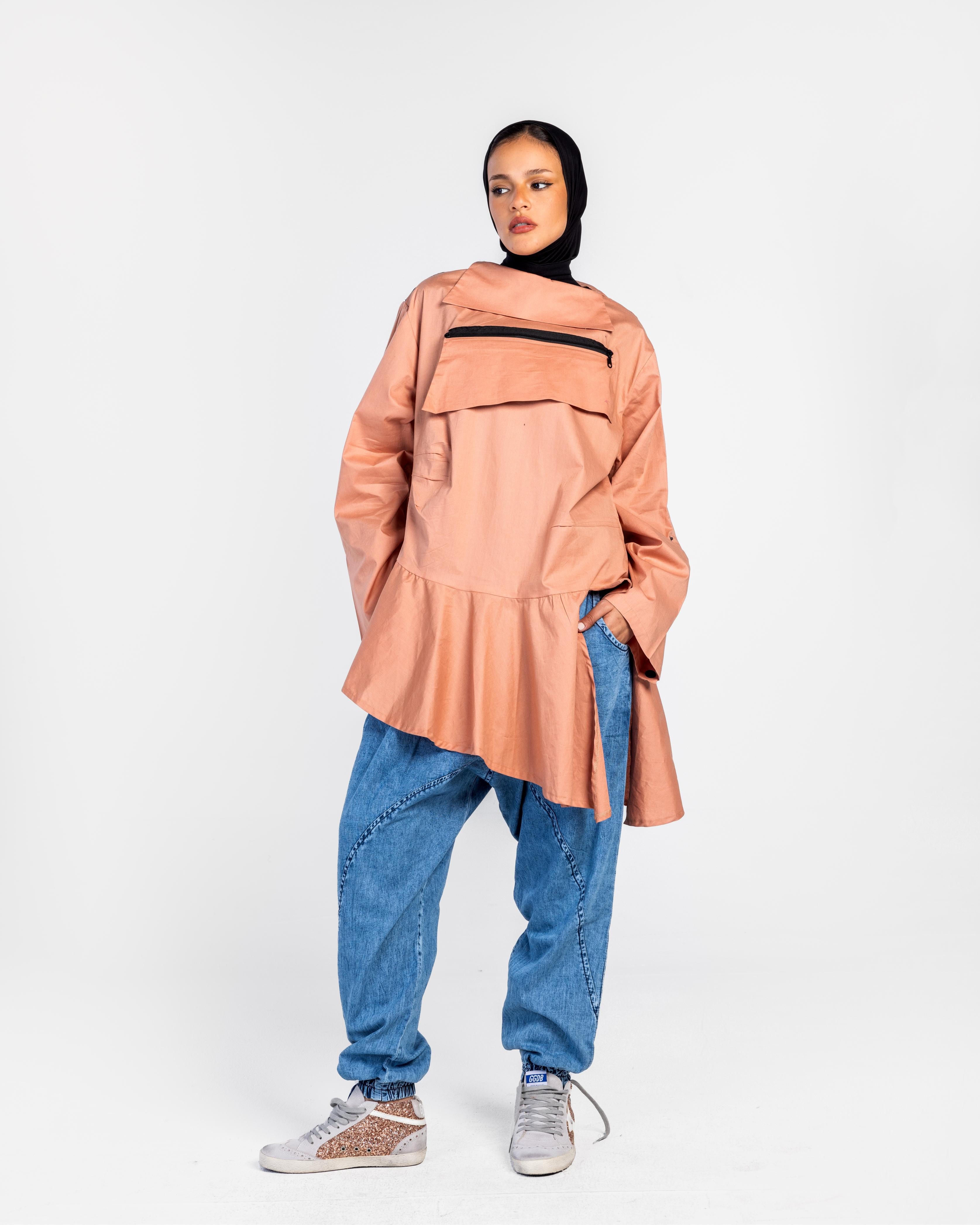 Peach Zipper Poplin Shirt