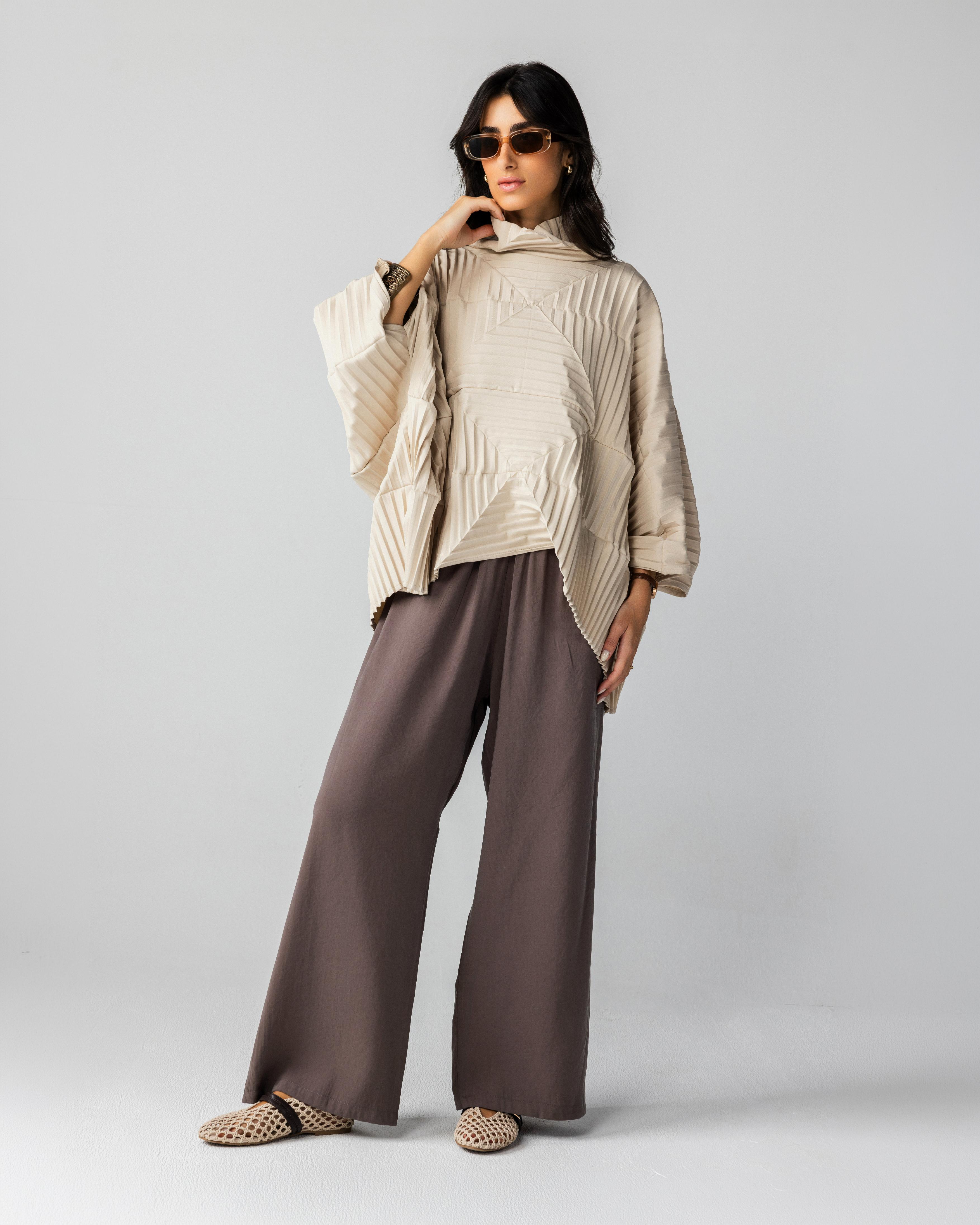 Beige Collar Pleated Top