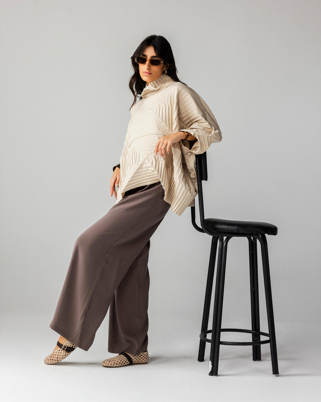 Beige Collar Pleated Top