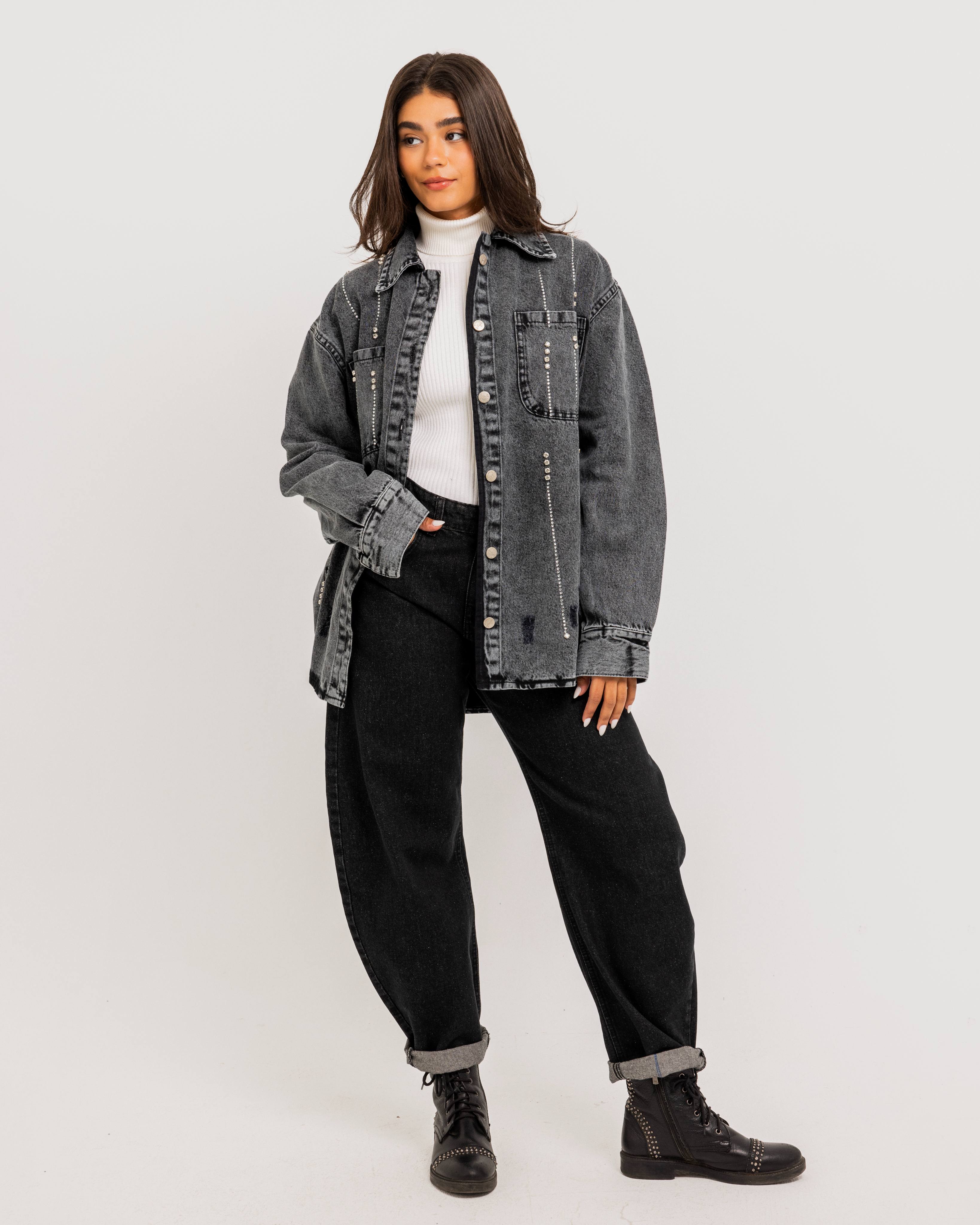 Black  Embellished Denim Shirt