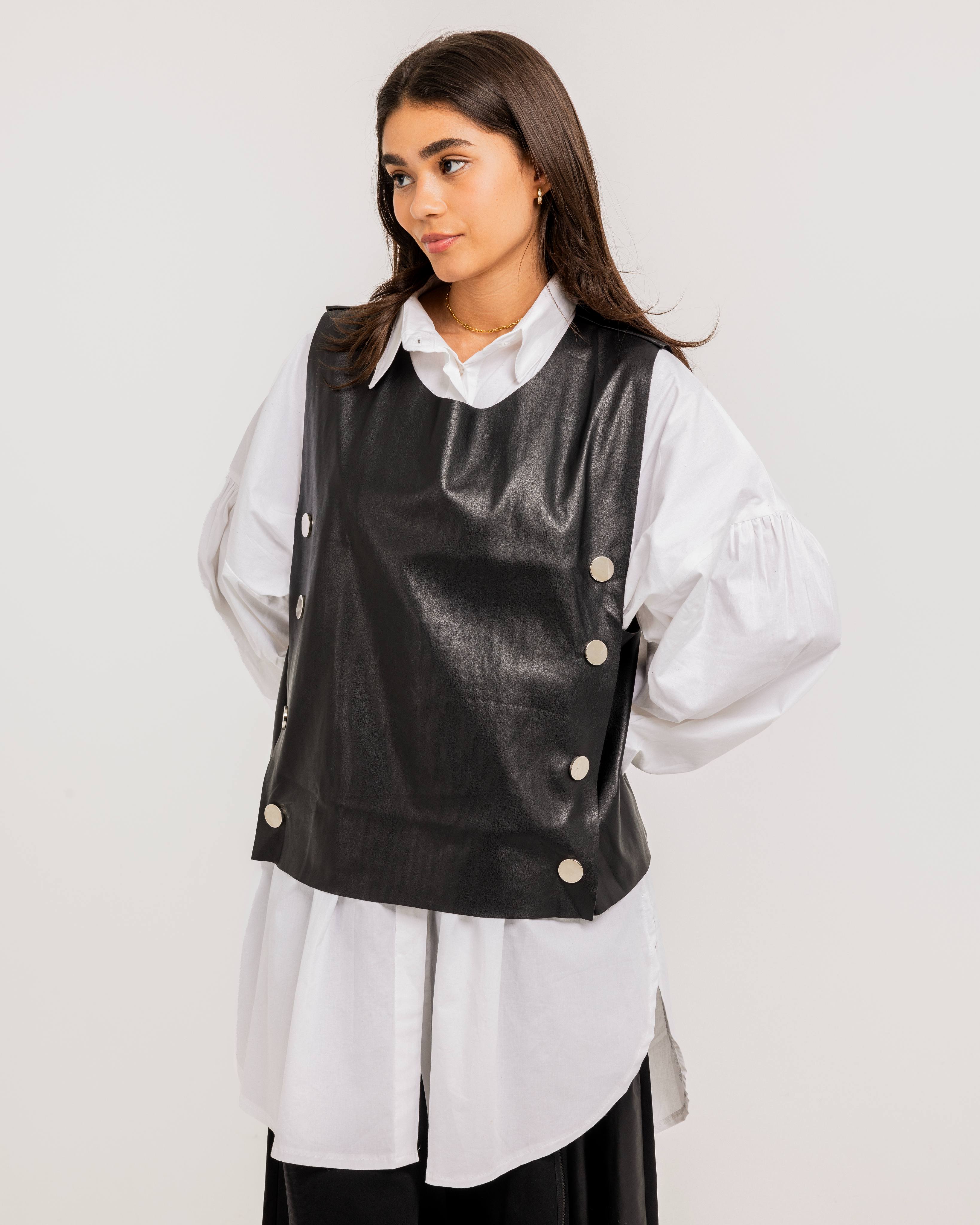 Buttoned Black Leather Vest