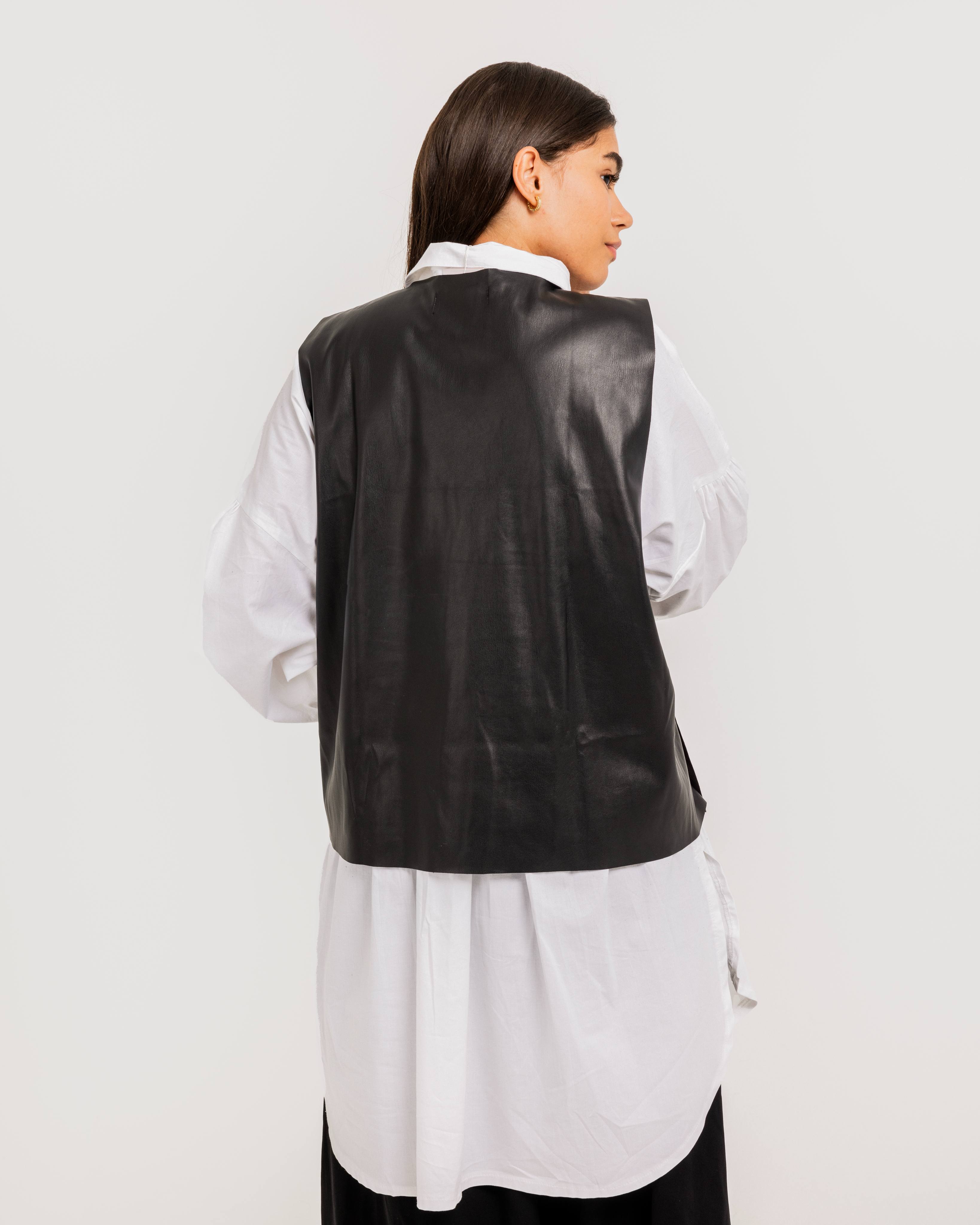 Buttoned Black Leather Vest