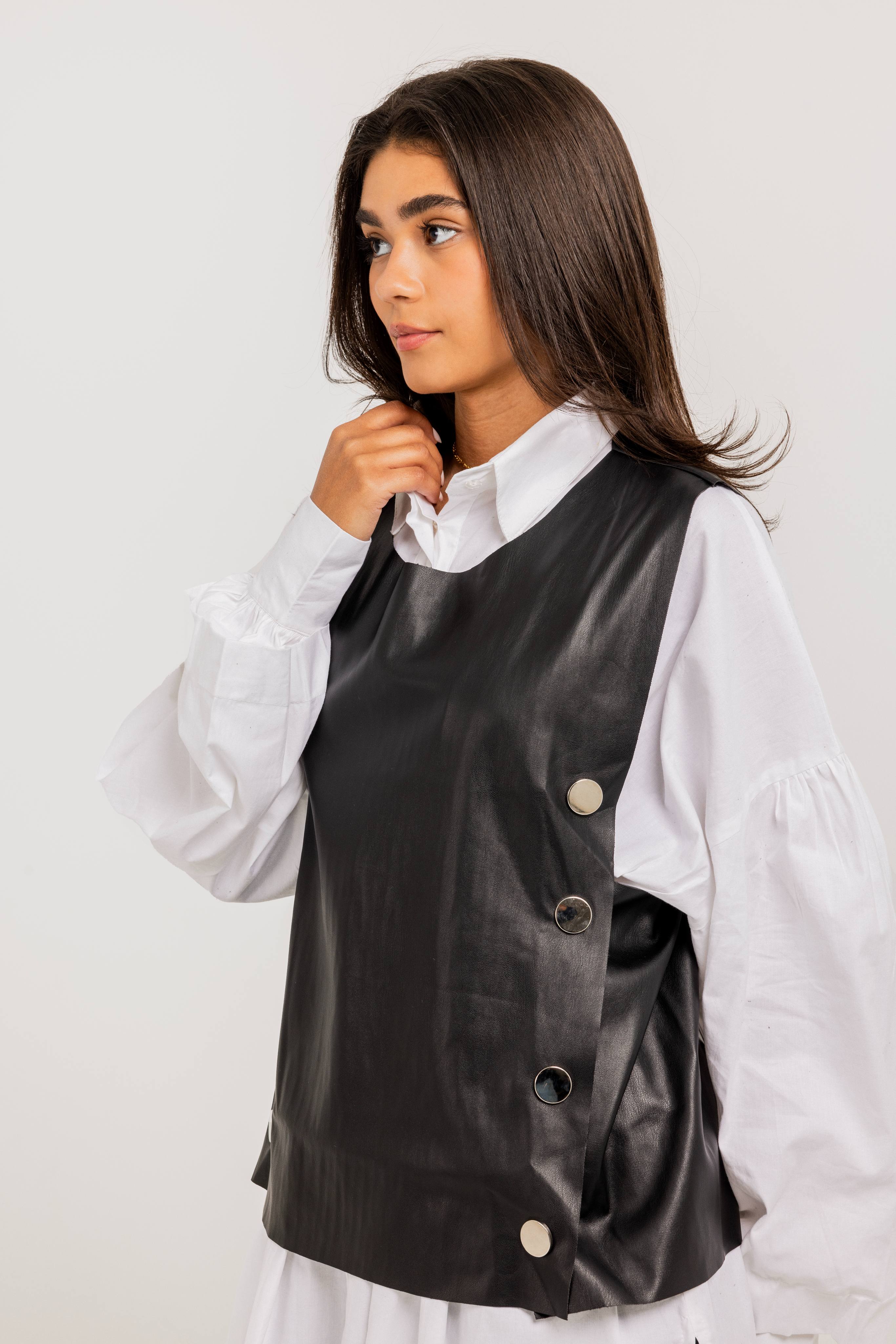 Buttoned Black Leather Vest