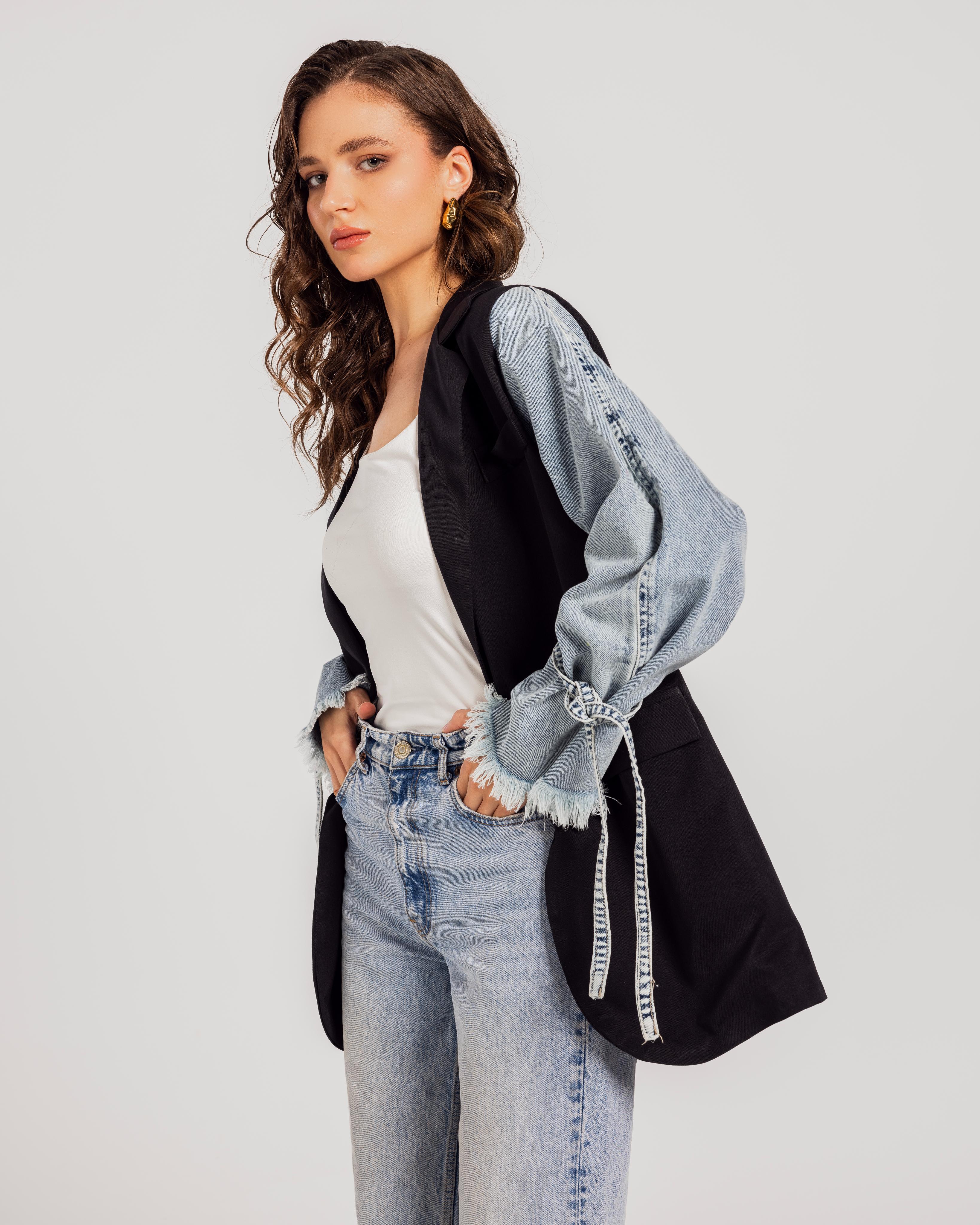 Black  Denim Sleeves Blazer