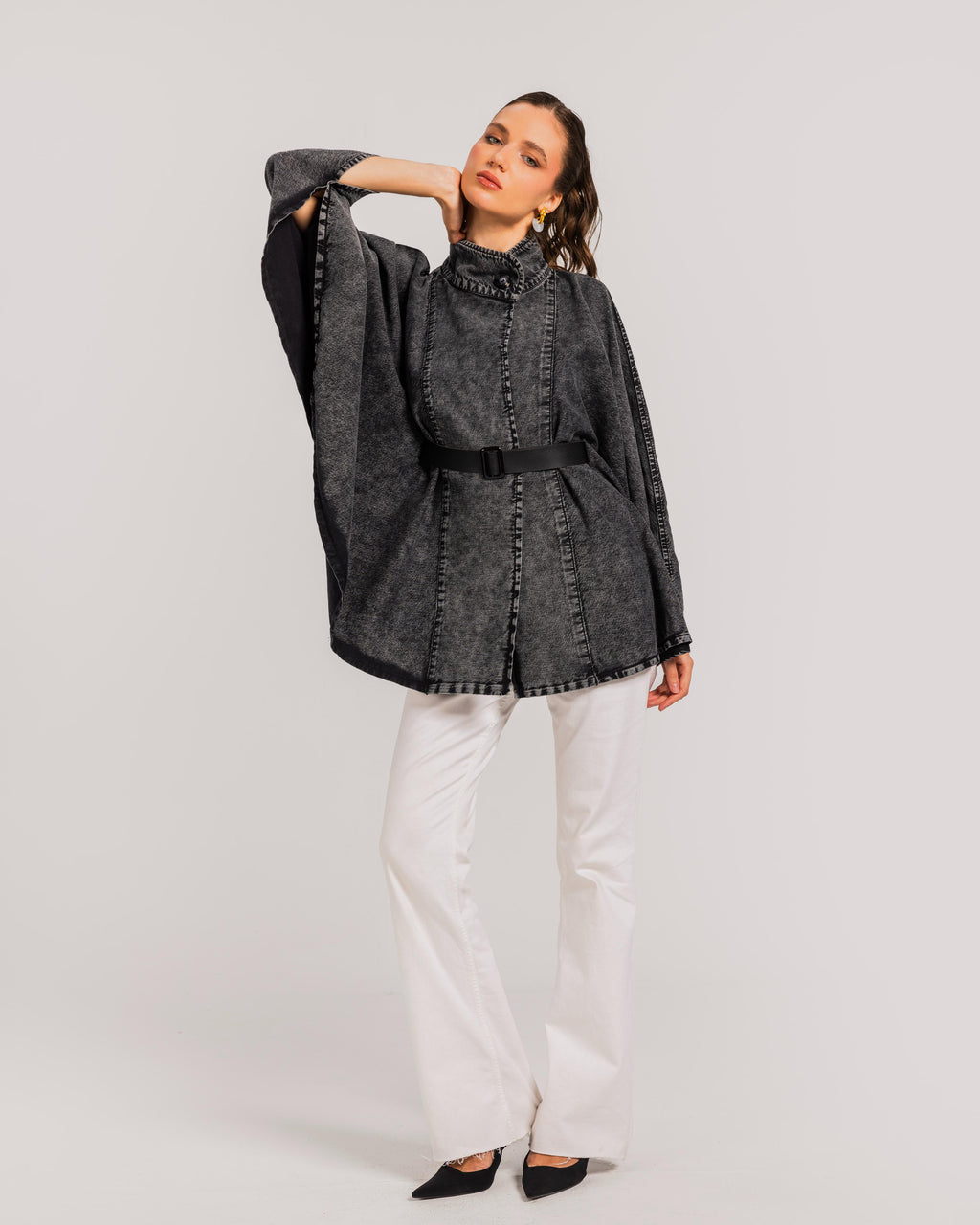 Washed Black Belted Denim Cape