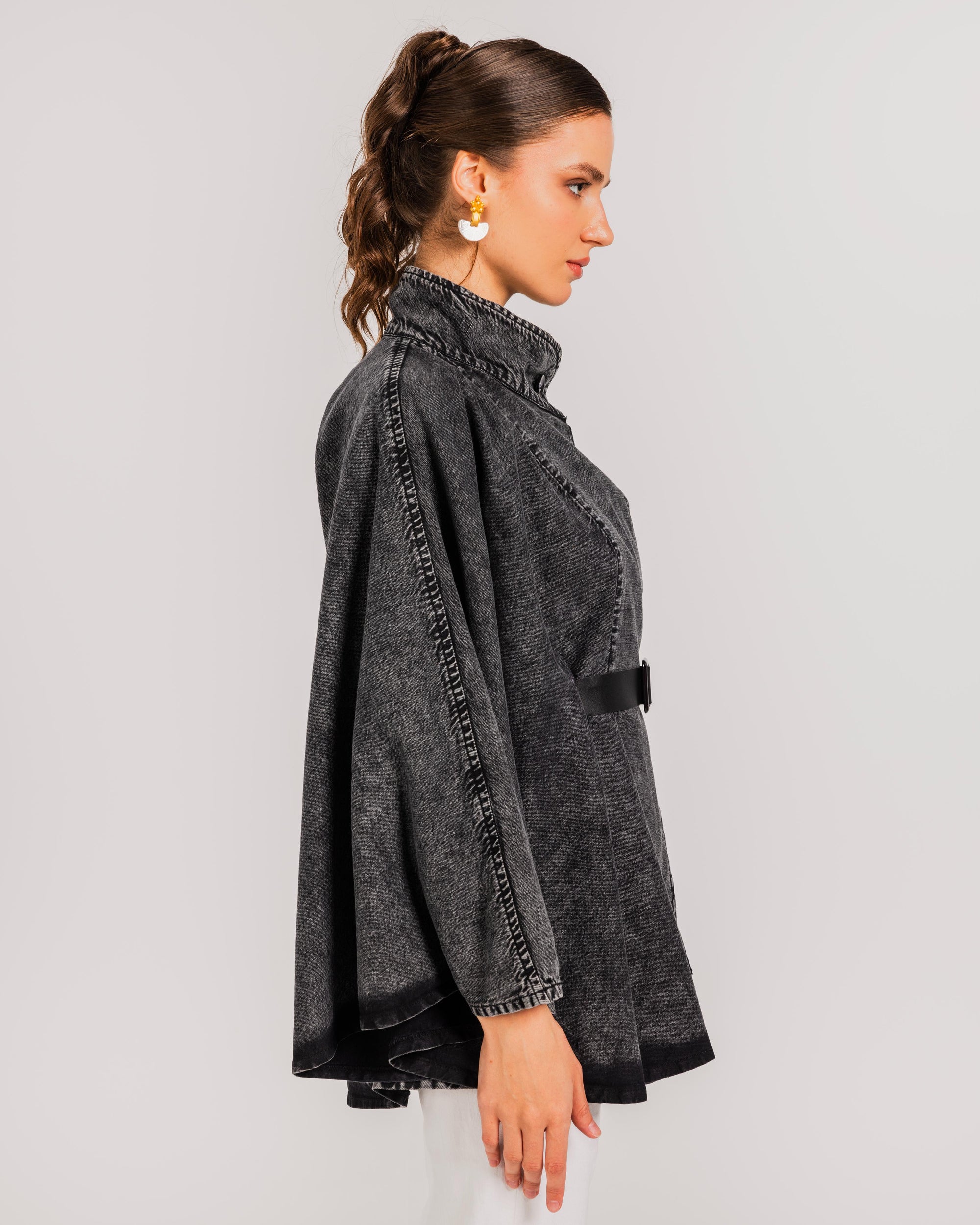 Washed Black Belted Denim Cape.