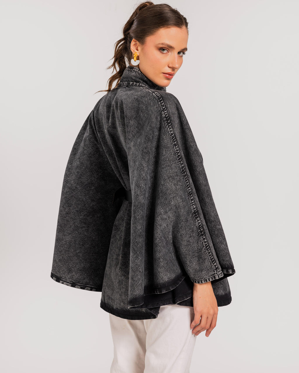 Washed Black Belted Denim Cape
