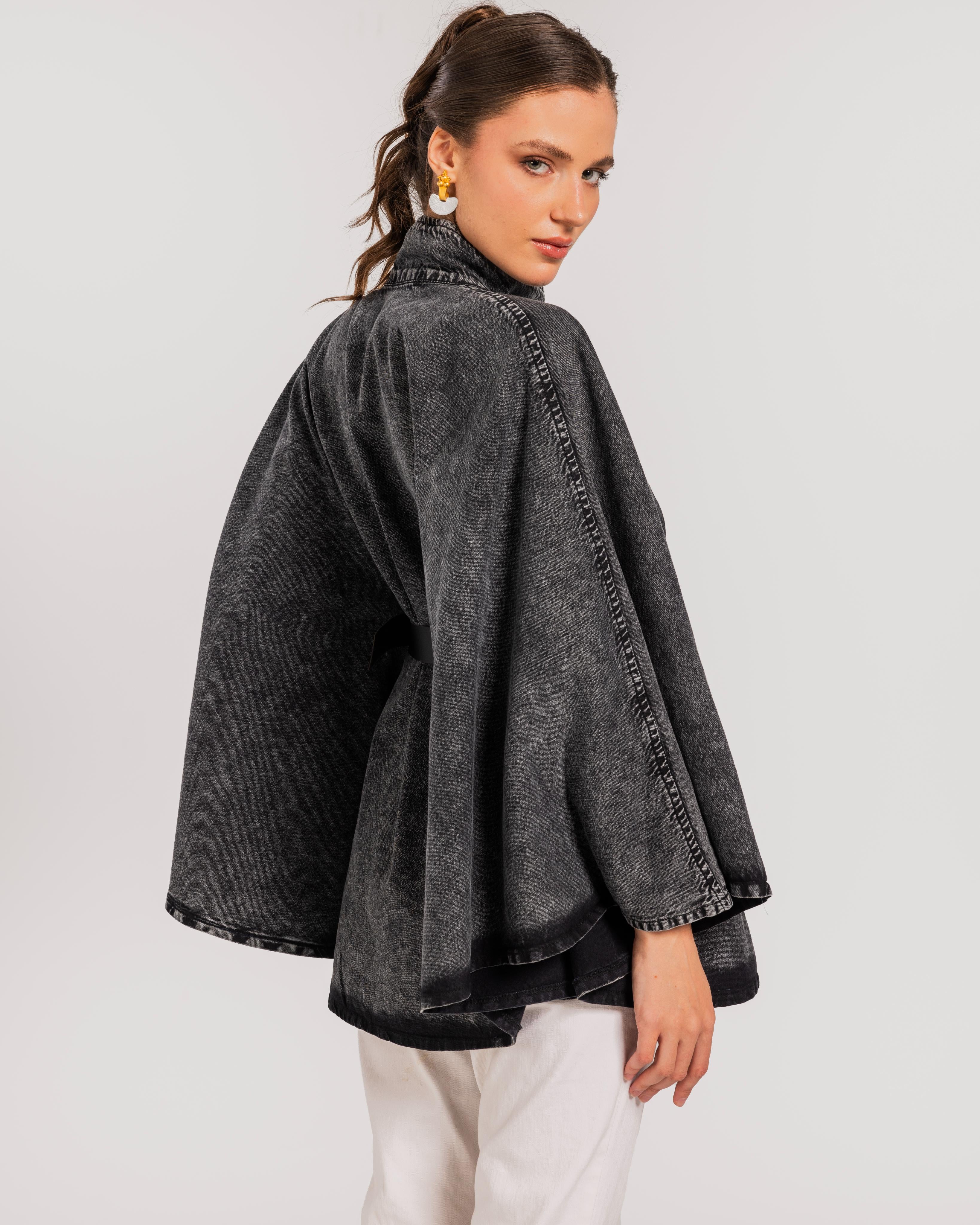 Washed Black Belted Denim Cape.
