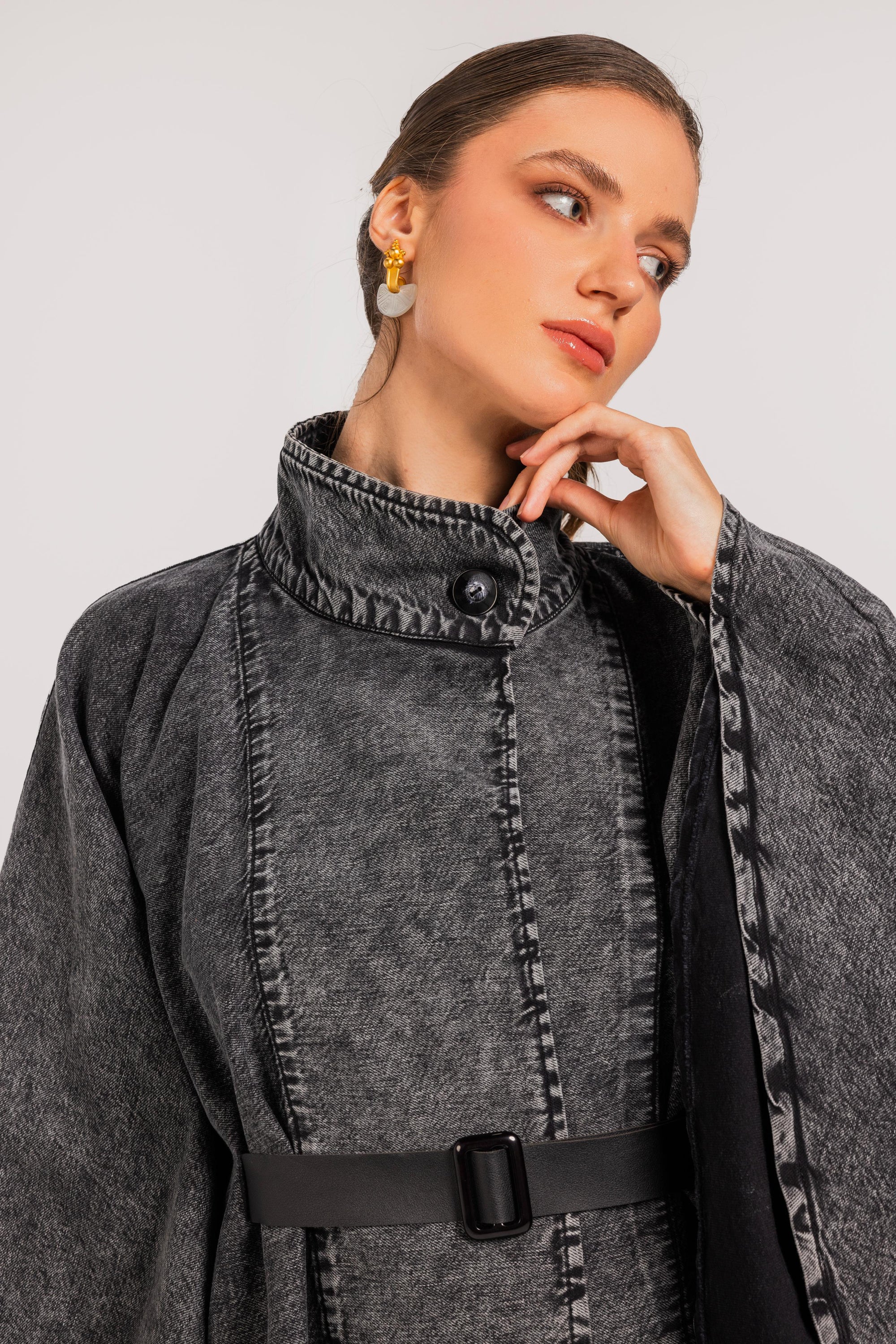 Washed Black Belted Denim Cape