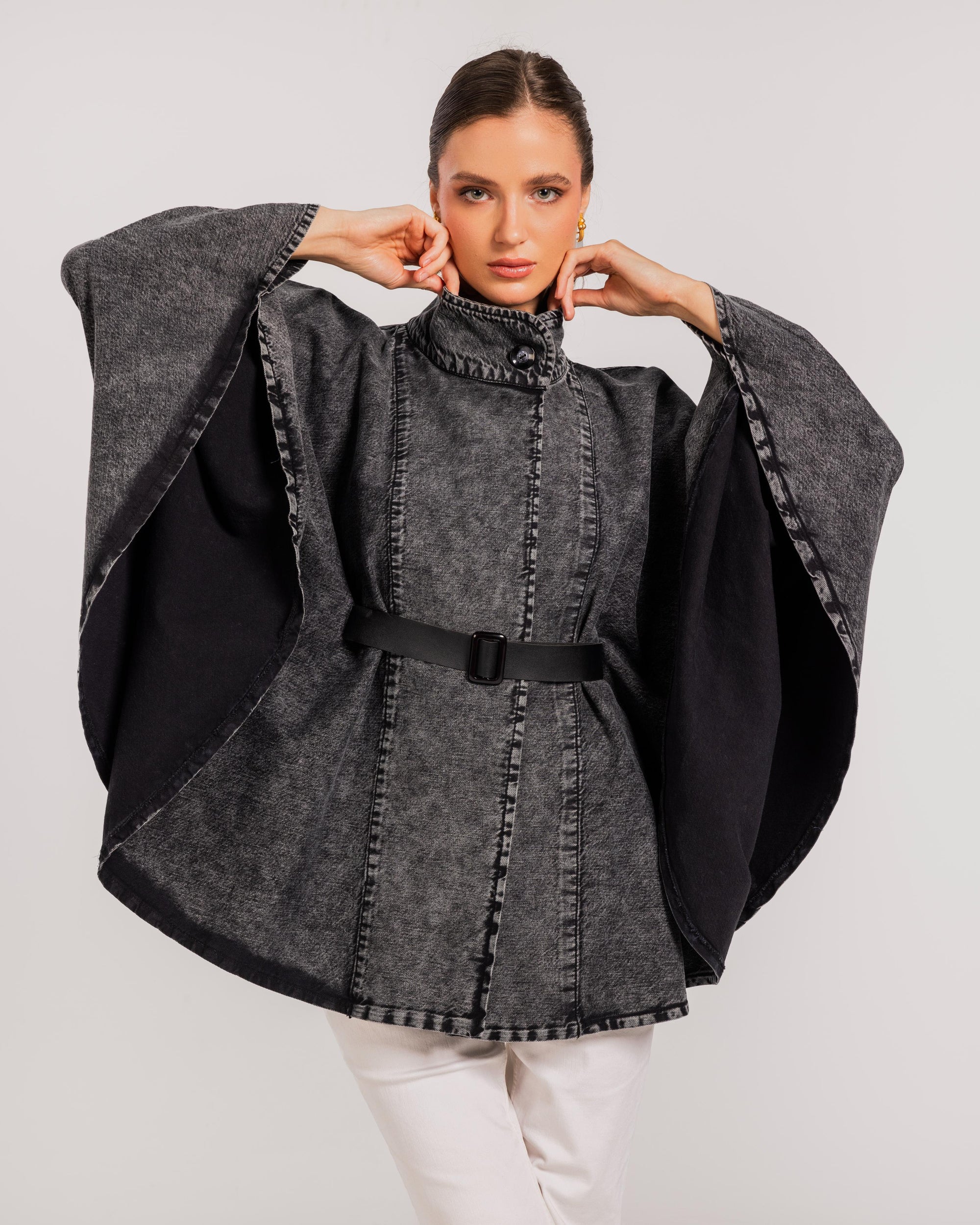 Washed Black Belted Denim Cape