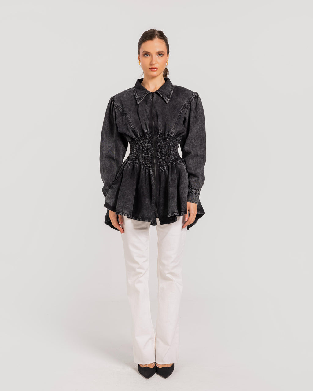Washed Black  Peplum Denim Jacket