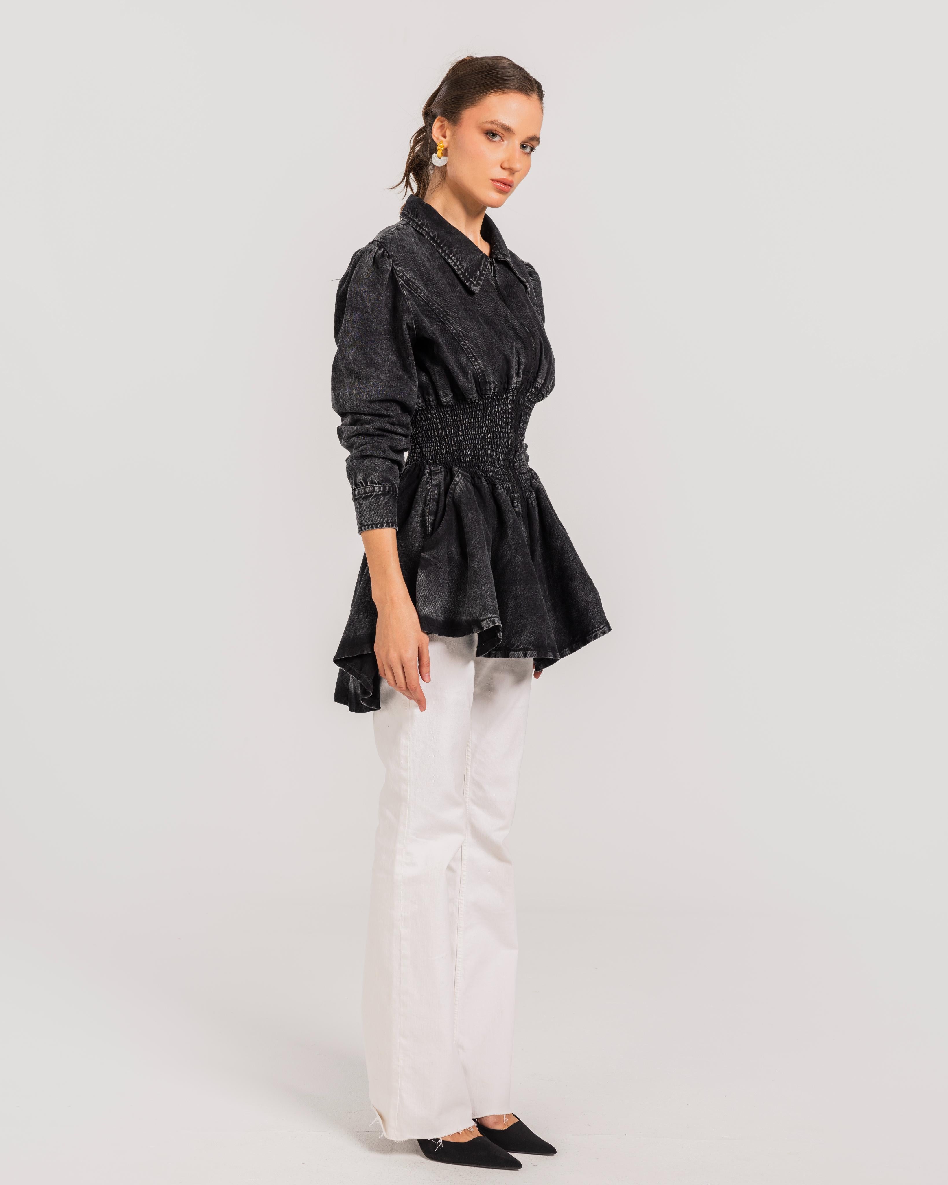Washed Black  Peplum Denim Jacket
