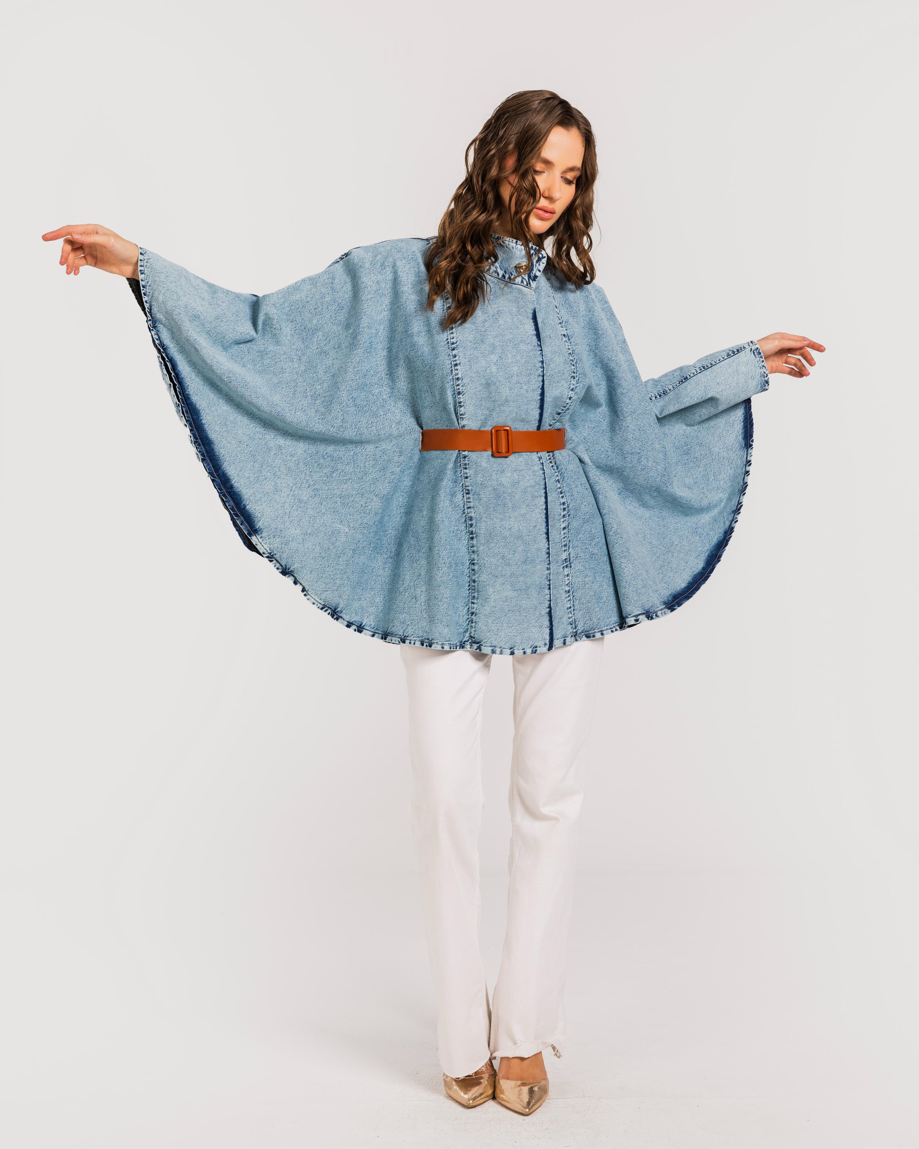 Blue Belted Denim Cape.