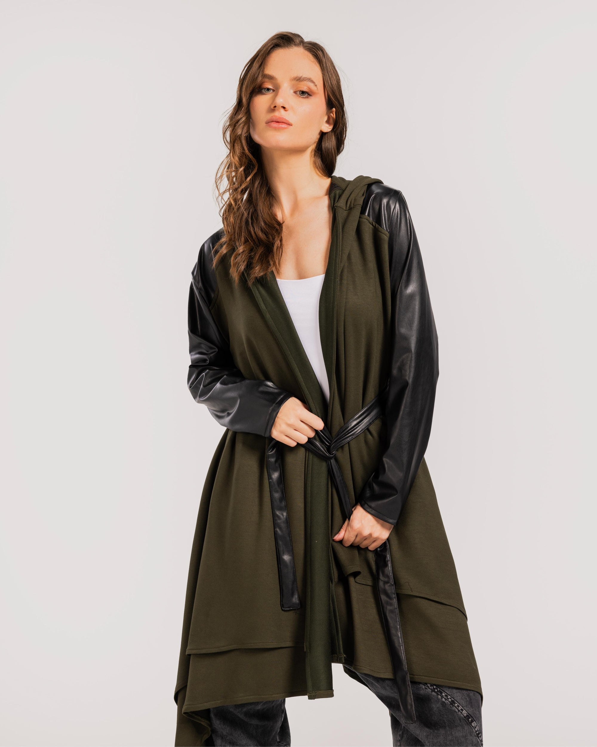 Olive Leather Sleeves Cardigan