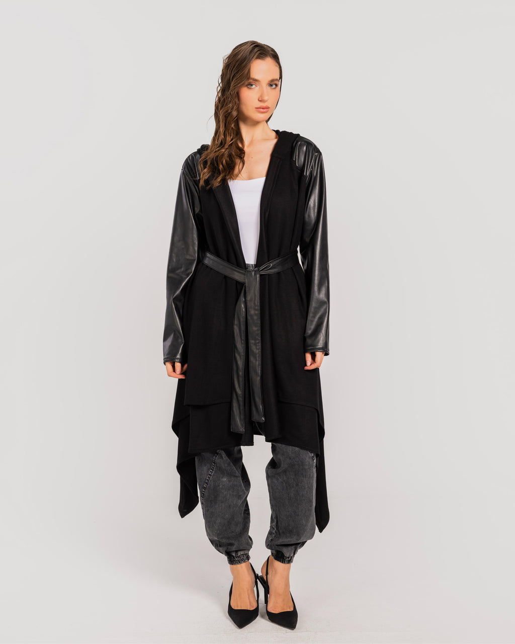 Black Leather Sleeves Cardigan