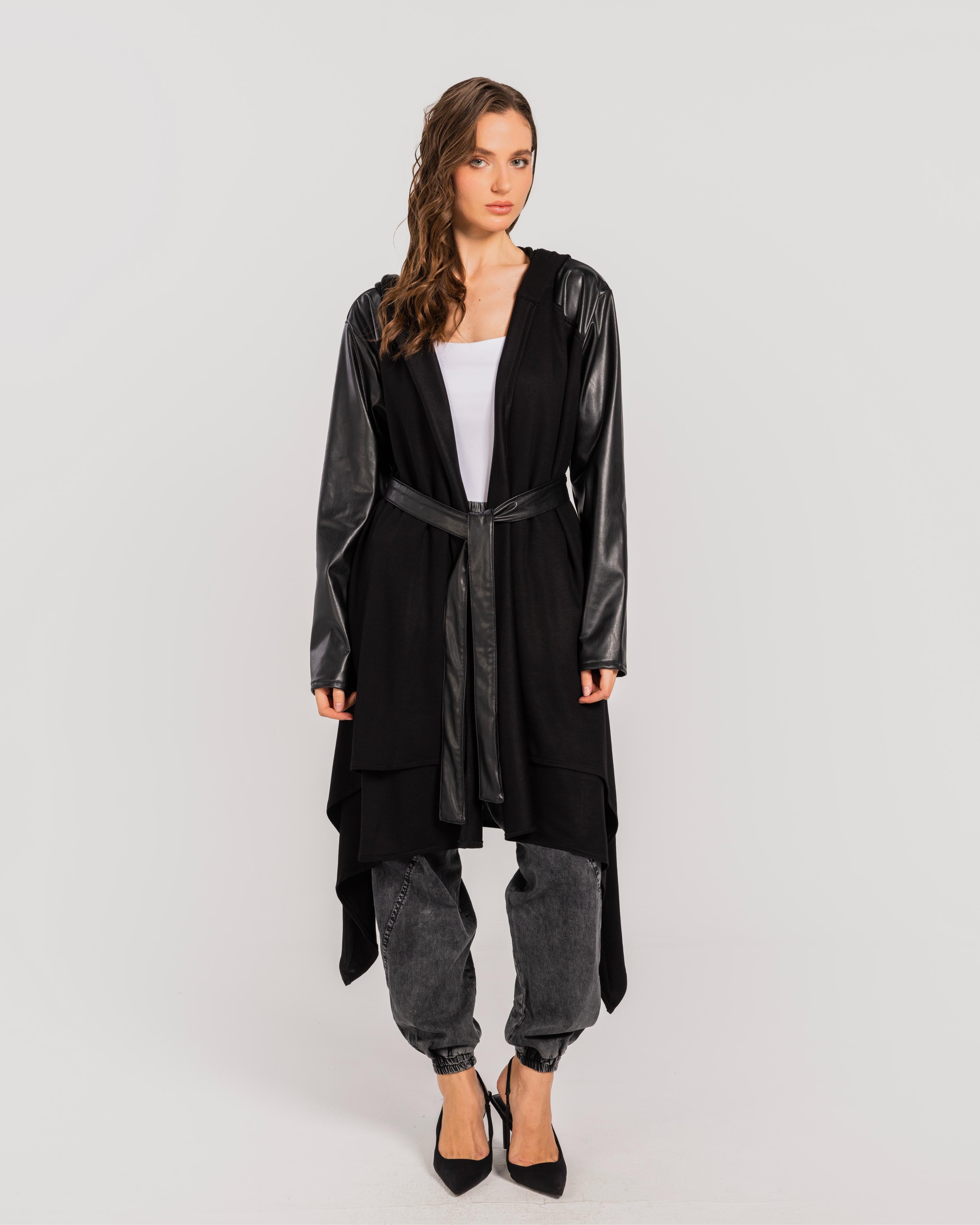Black Leather Sleeves Cardigan