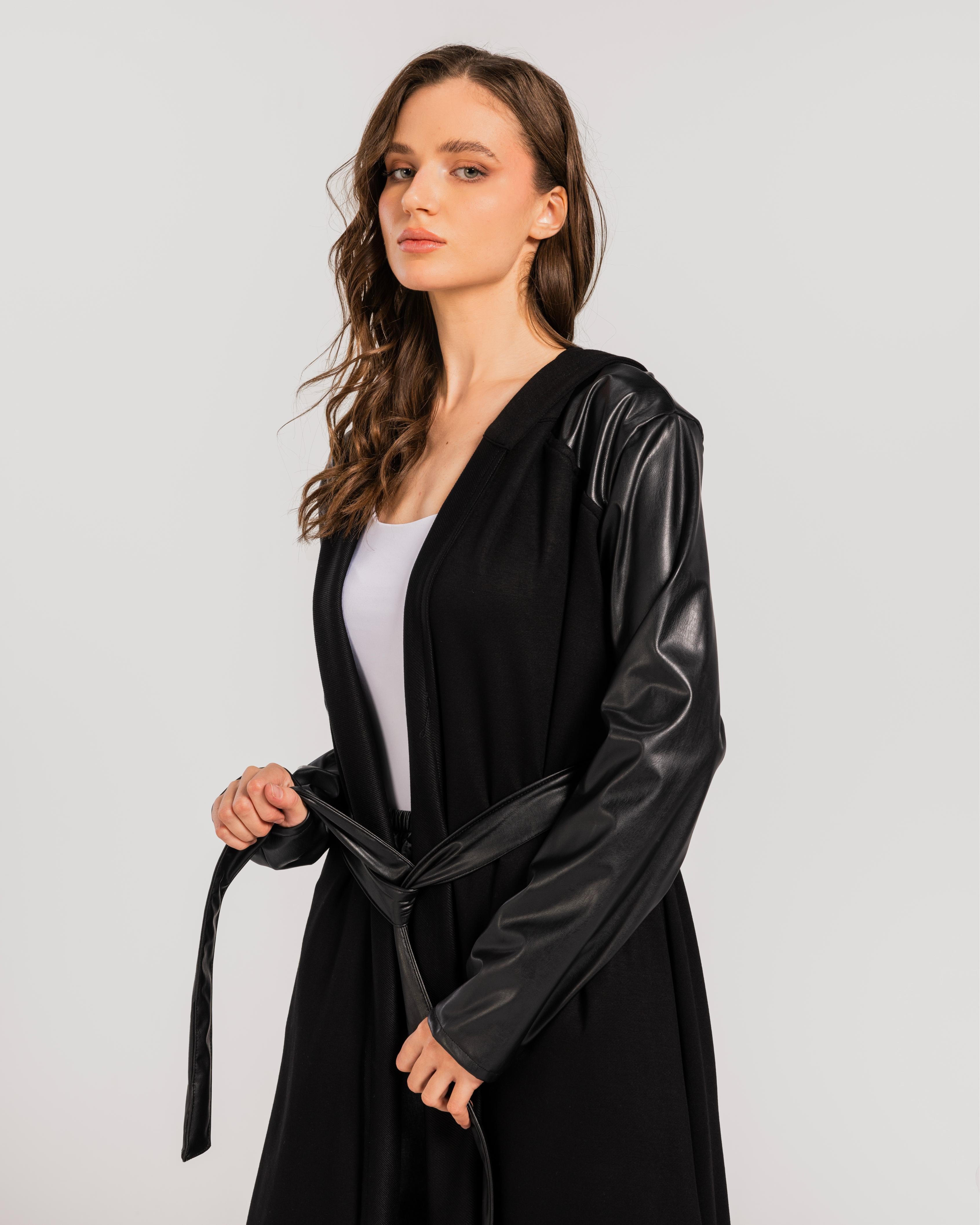 Black Leather Sleeves Cardigan