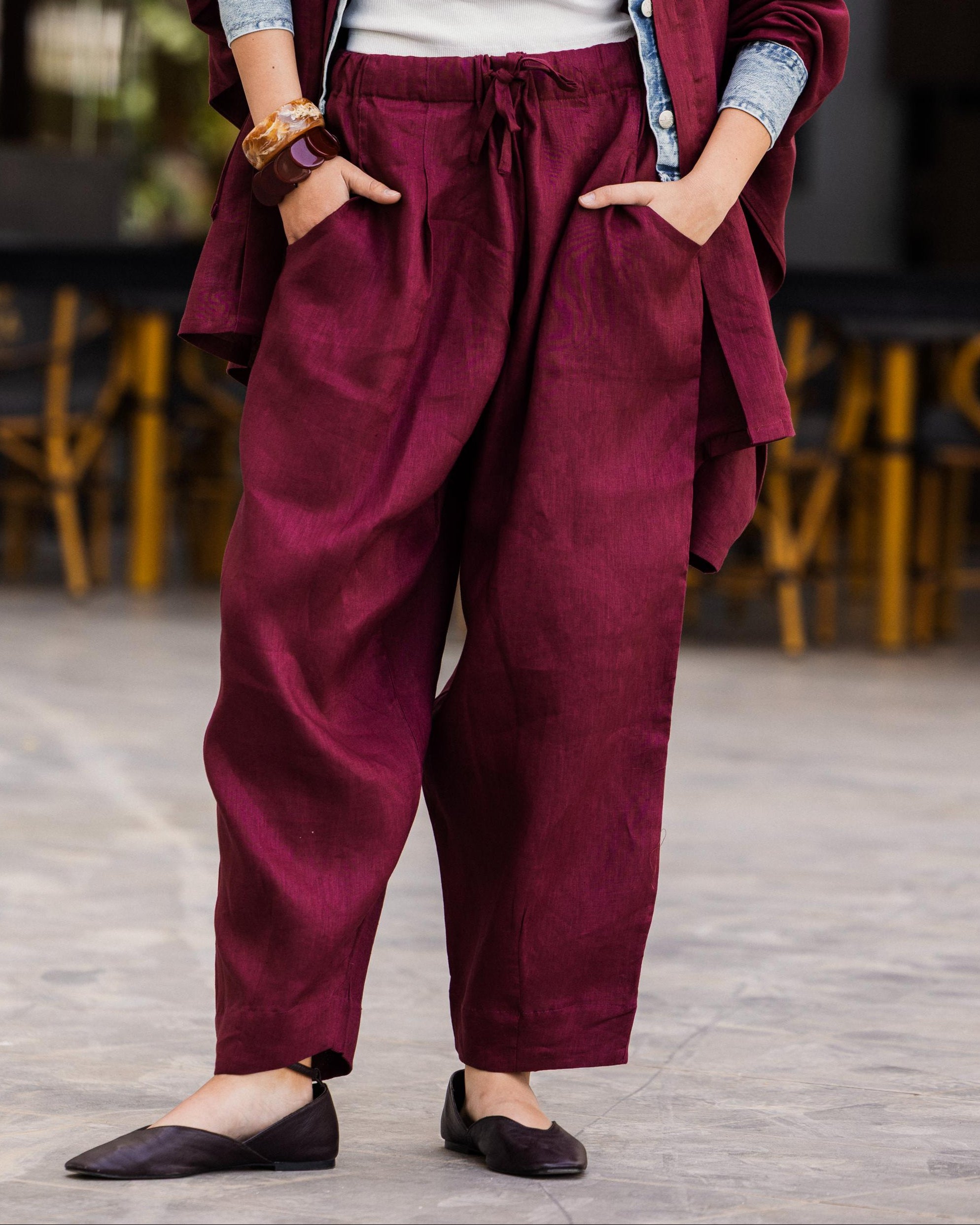 Burgundy Linen Balloon Pants