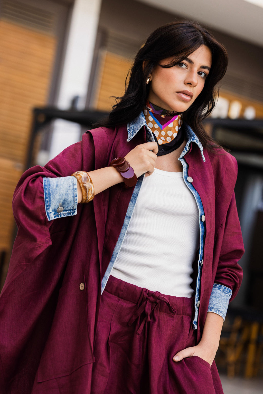 Burgundy  Linen Denim Lined Shirt