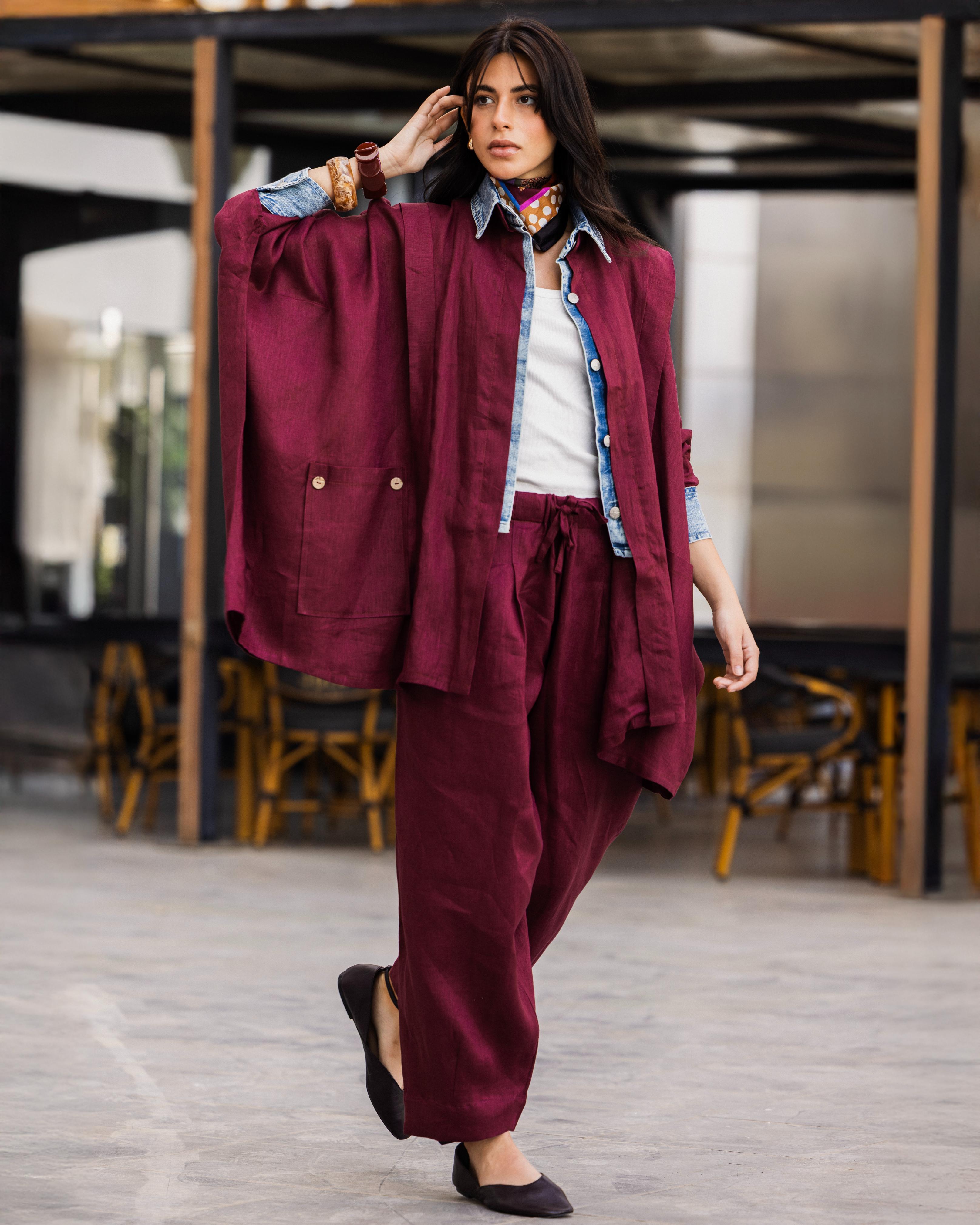 Burgundy  Linen Denim Lined Shirt