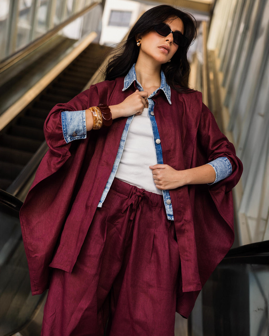 Burgundy  Linen Denim Lined Shirt