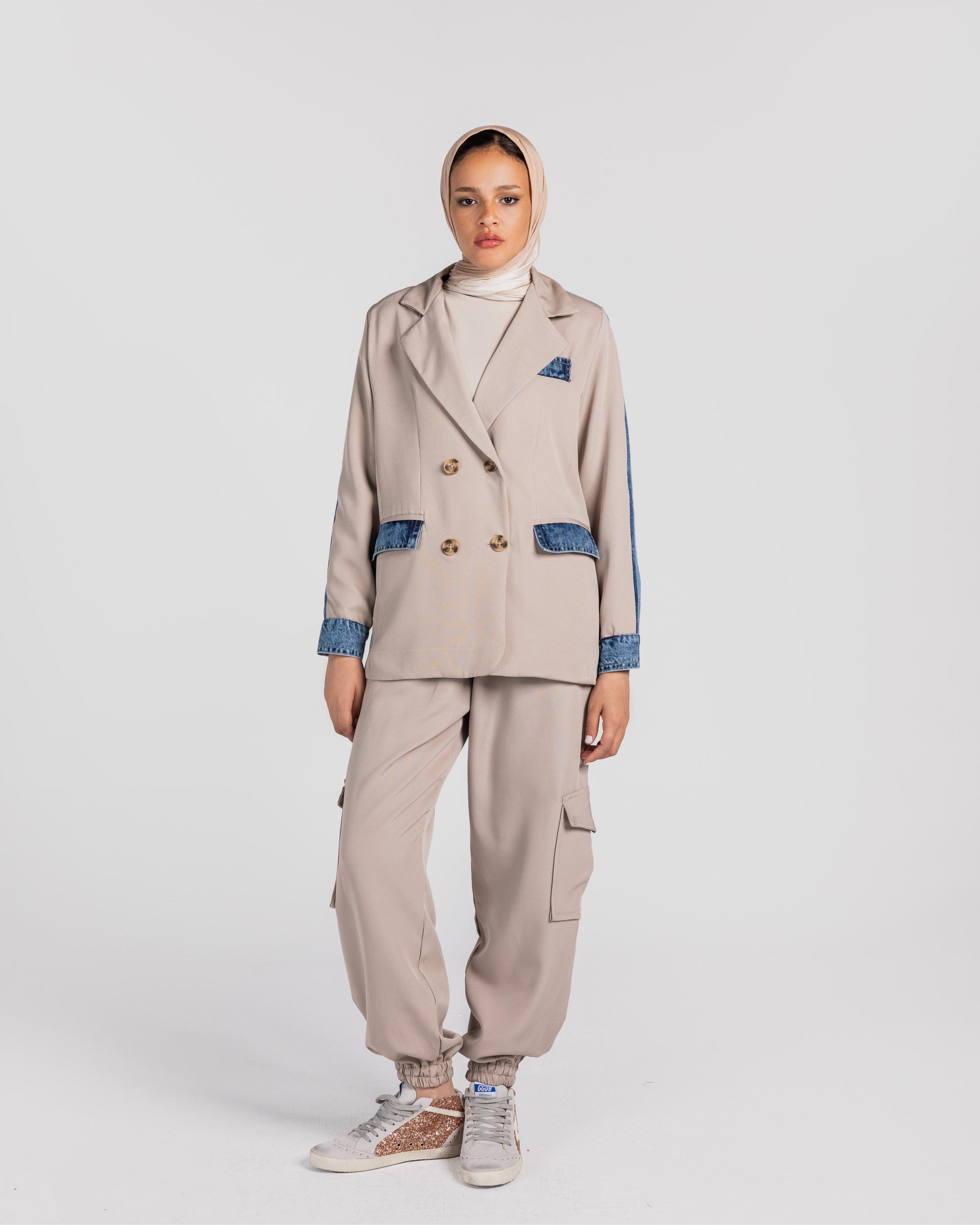 Beige Blazer Denim Set