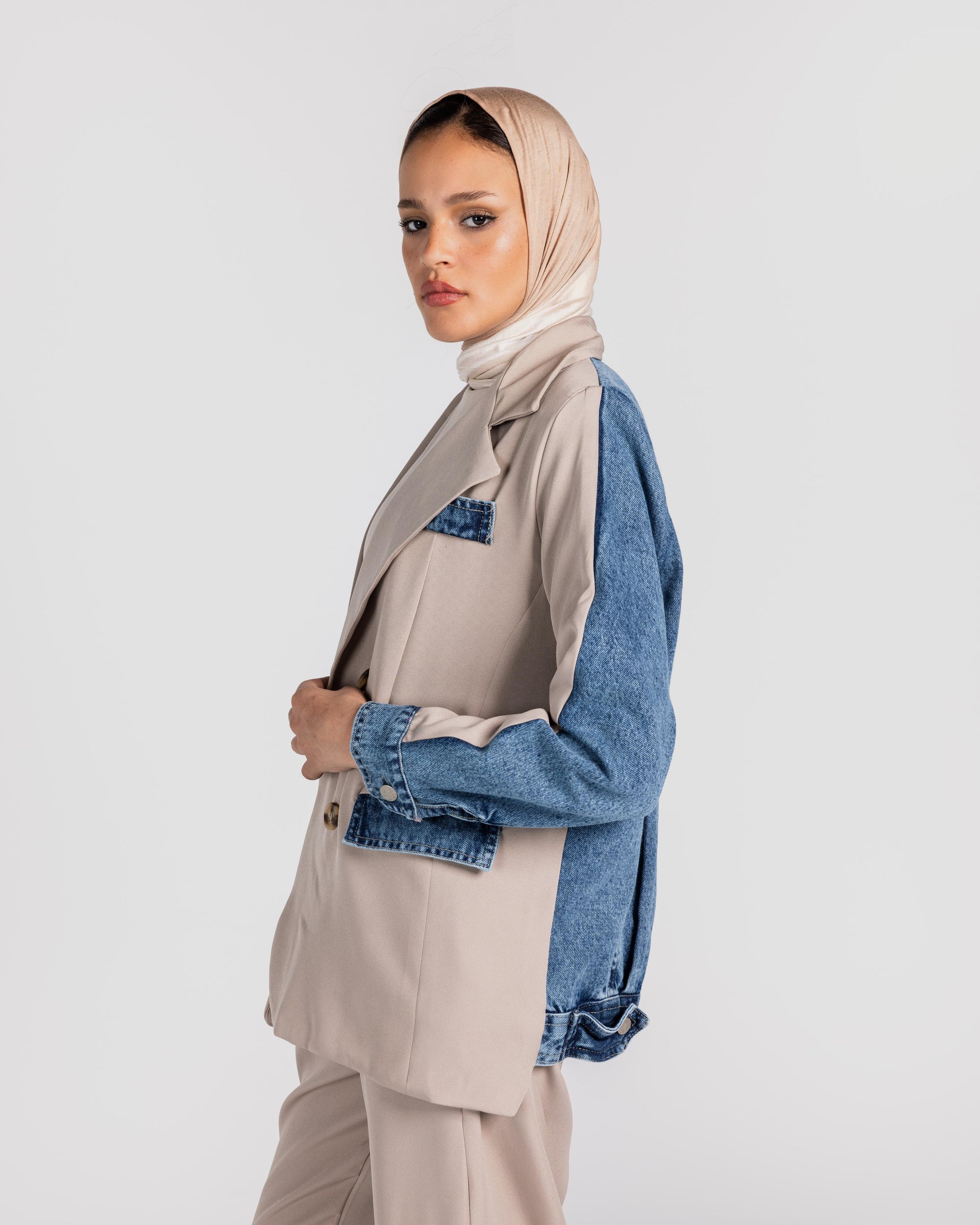 Beige Blazer Denim Set