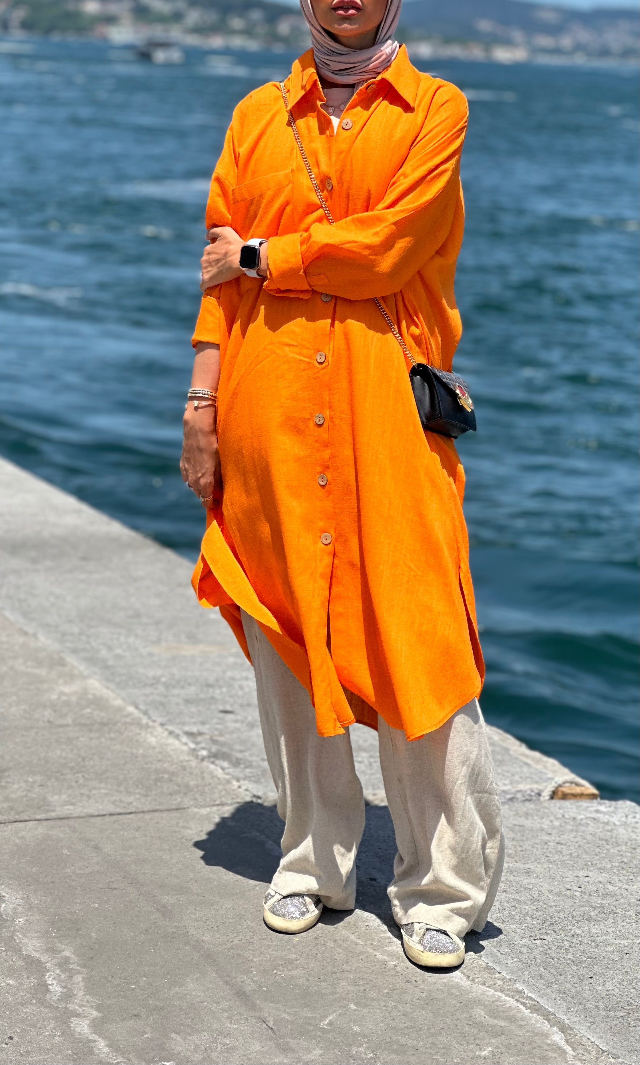 Orange Long Line Linen Shirt