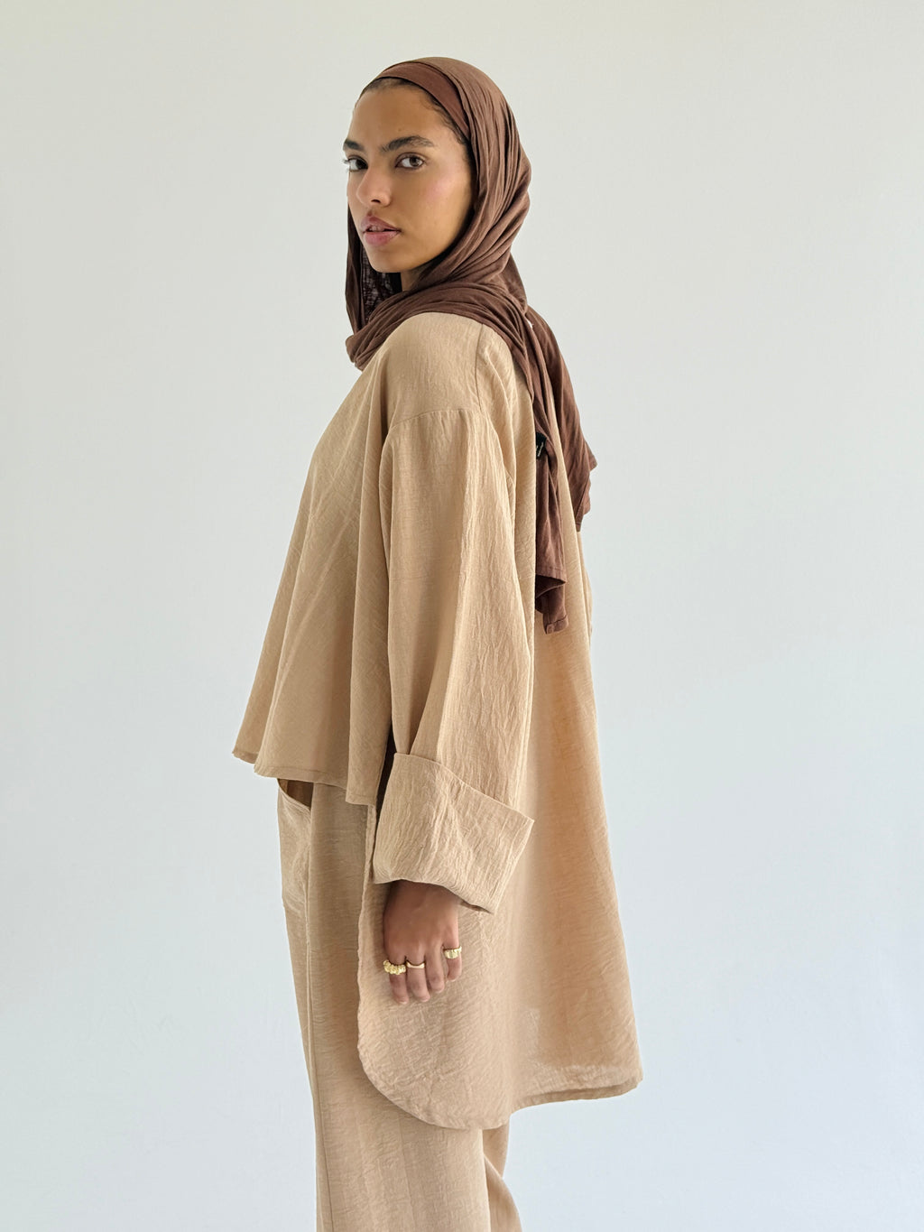 Beige High Low Linen Set