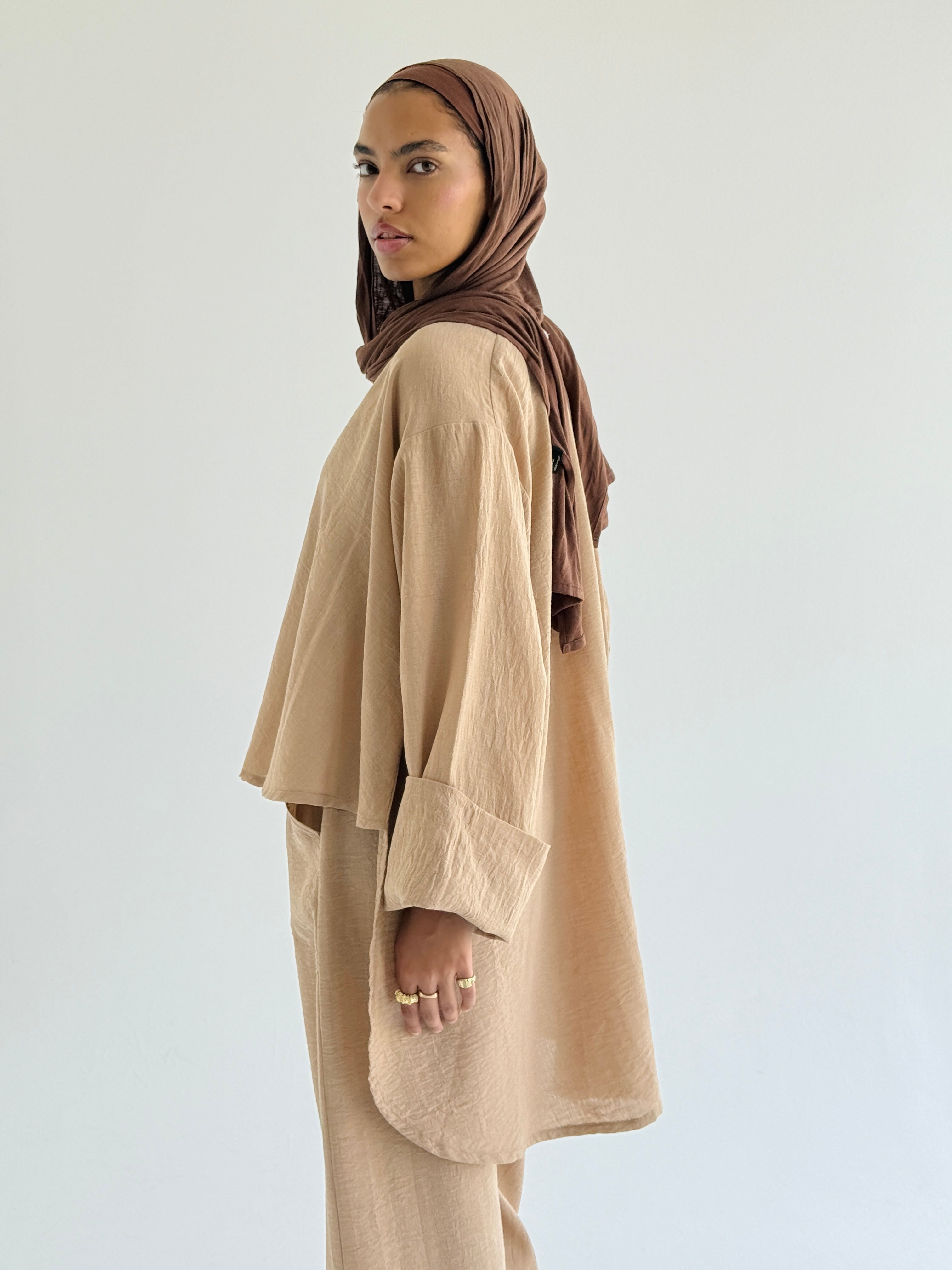 Beige High Low Linen Set