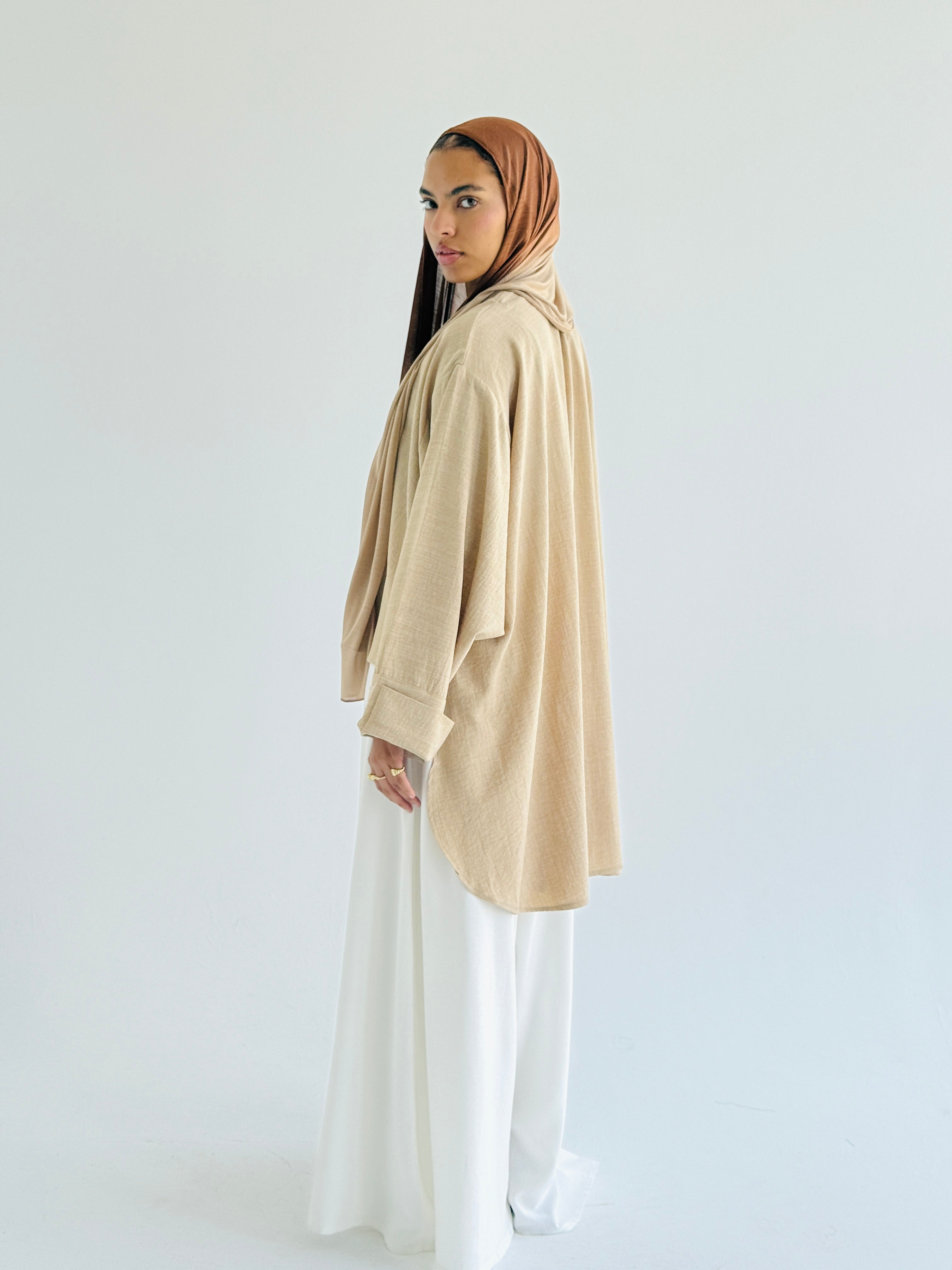 Beige High Low Linen Top
