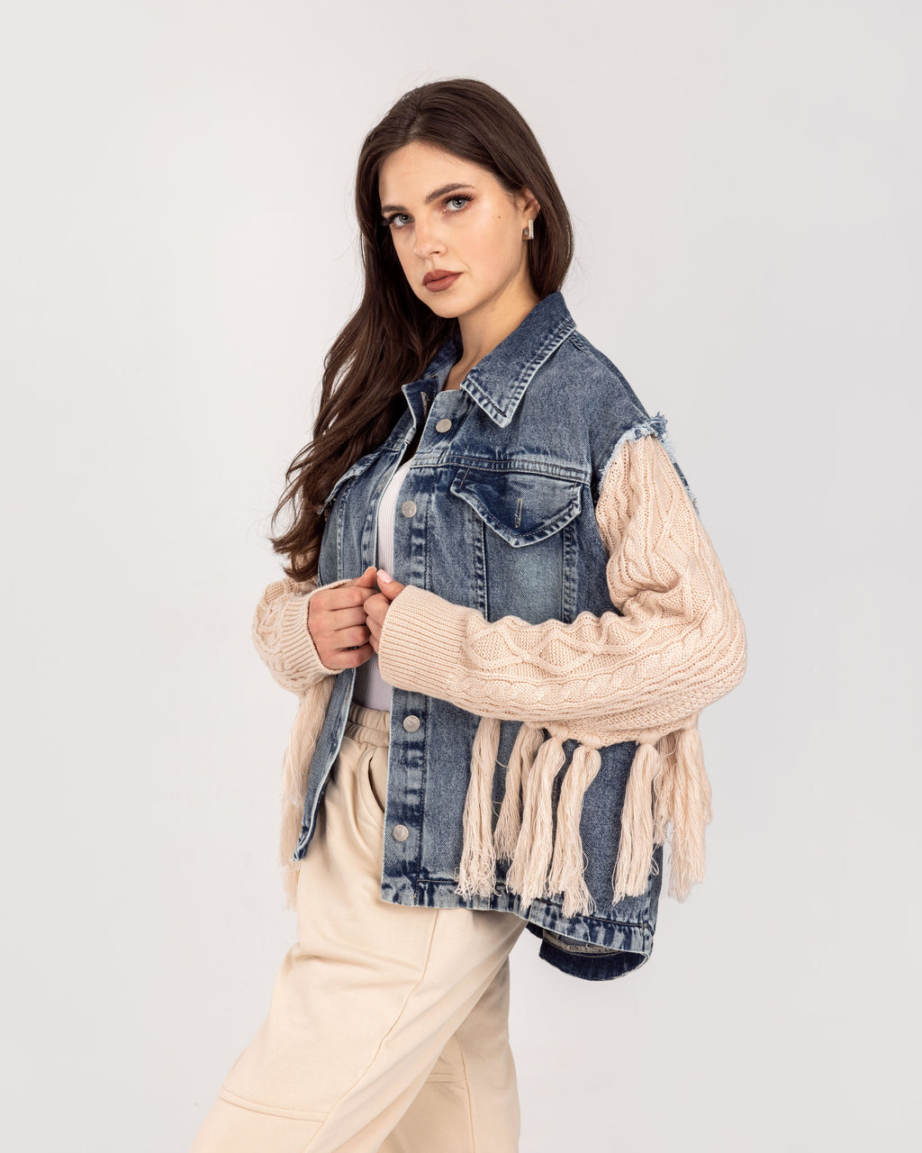 Denim x Beige Knit Fringes  Jacket