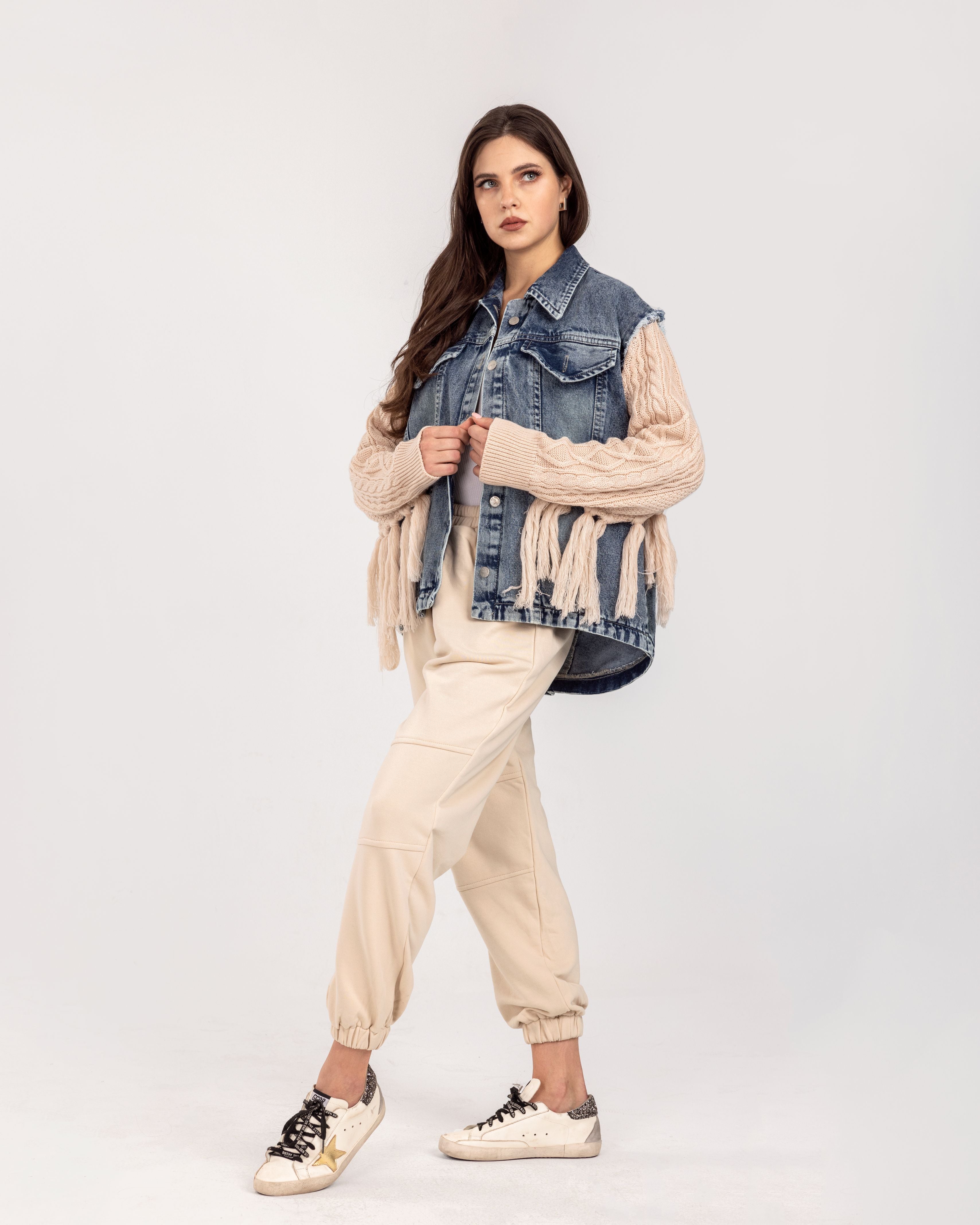 Denim x Beige Knit Fringes  Jacket
