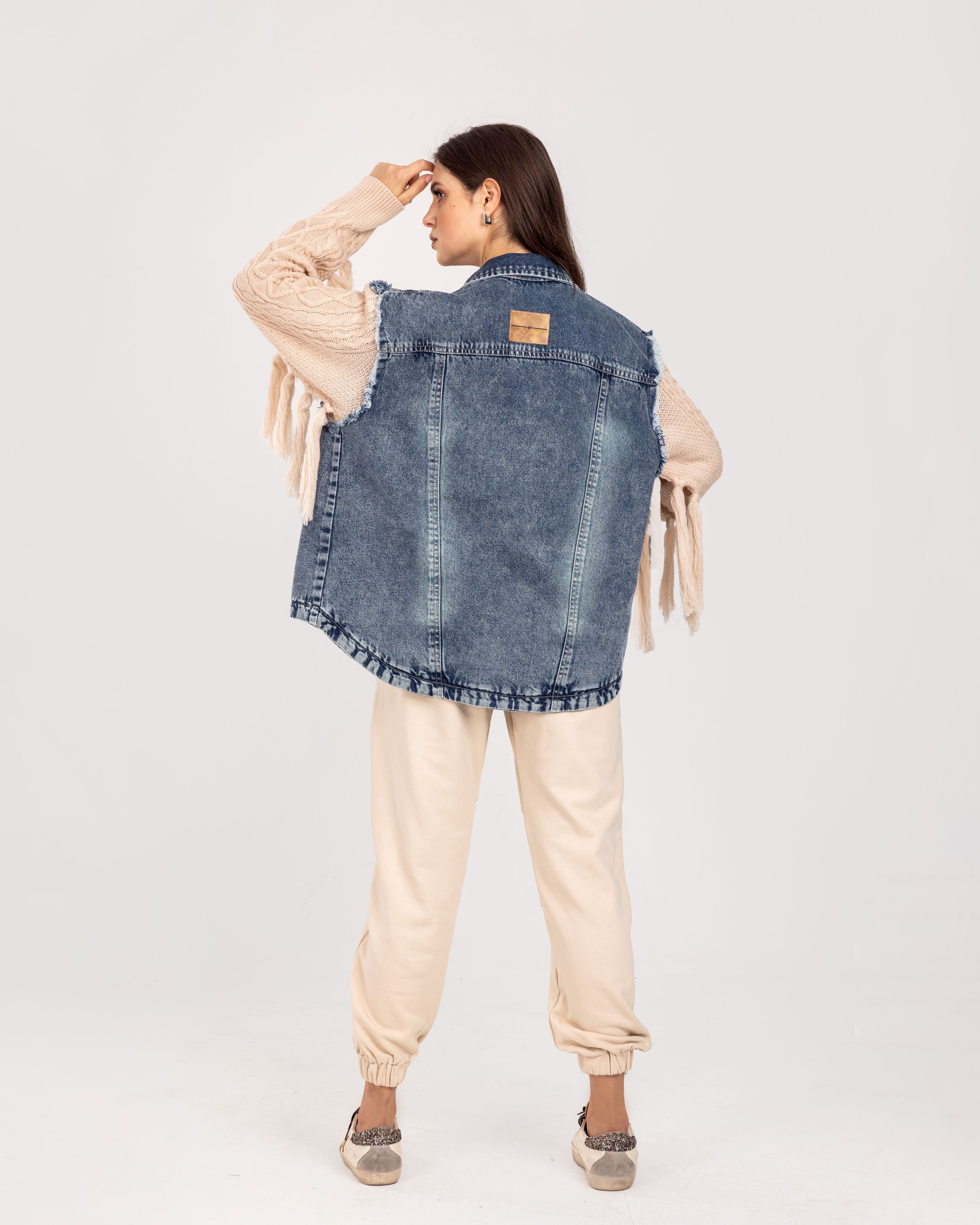 Denim x Beige Knit Fringes  Jacket