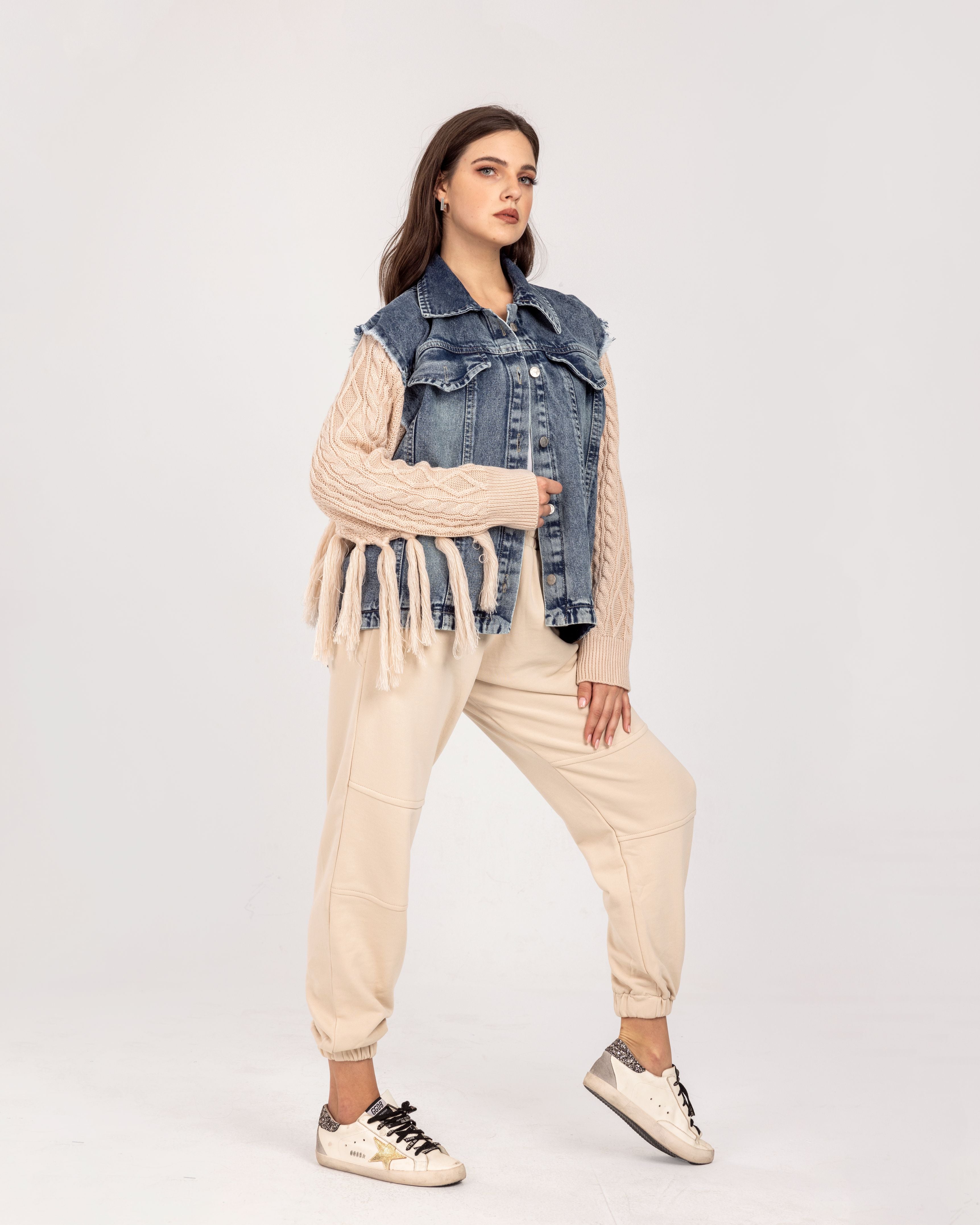 Denim x Beige Knit Fringes  Jacket