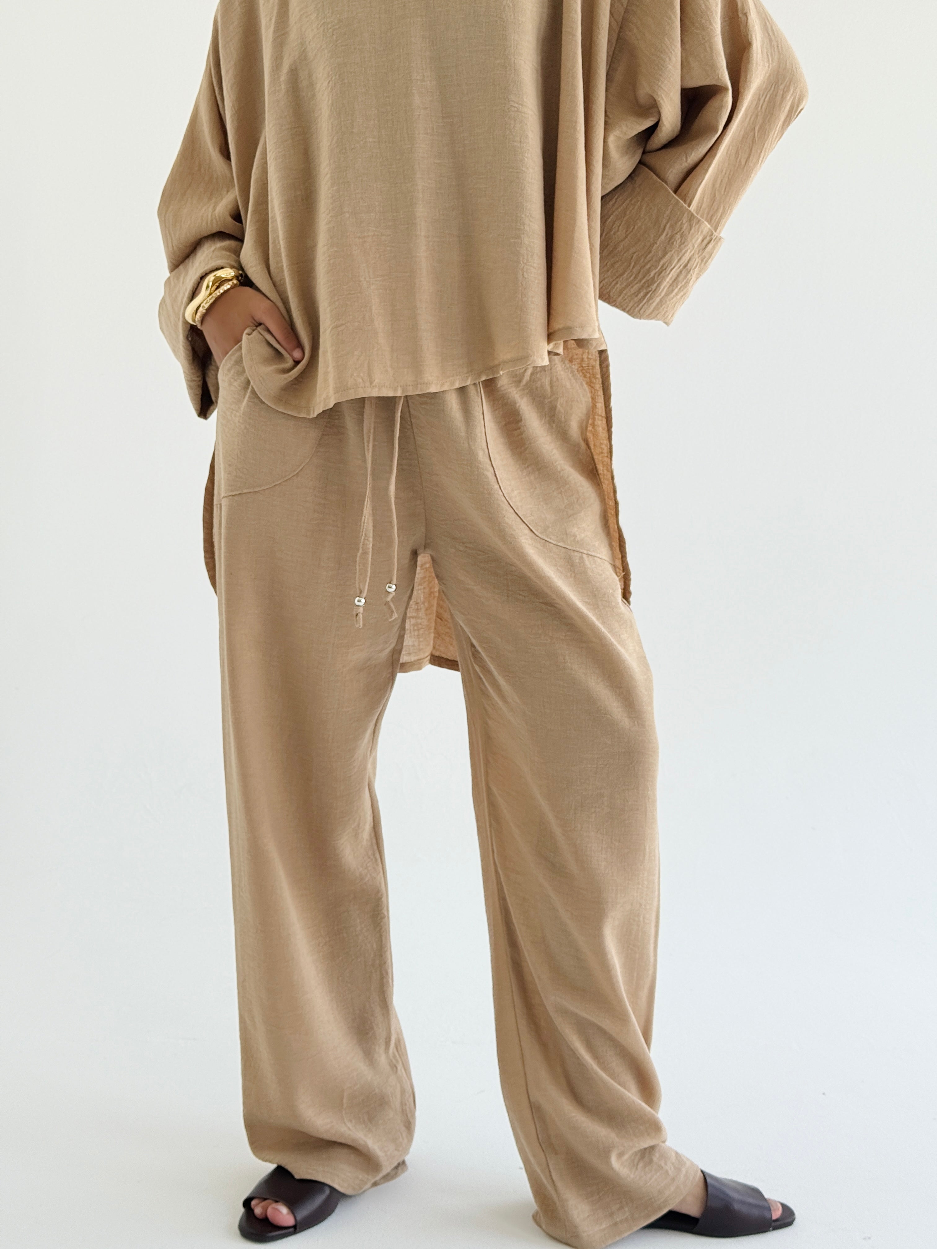 Beige High Low Linen Set