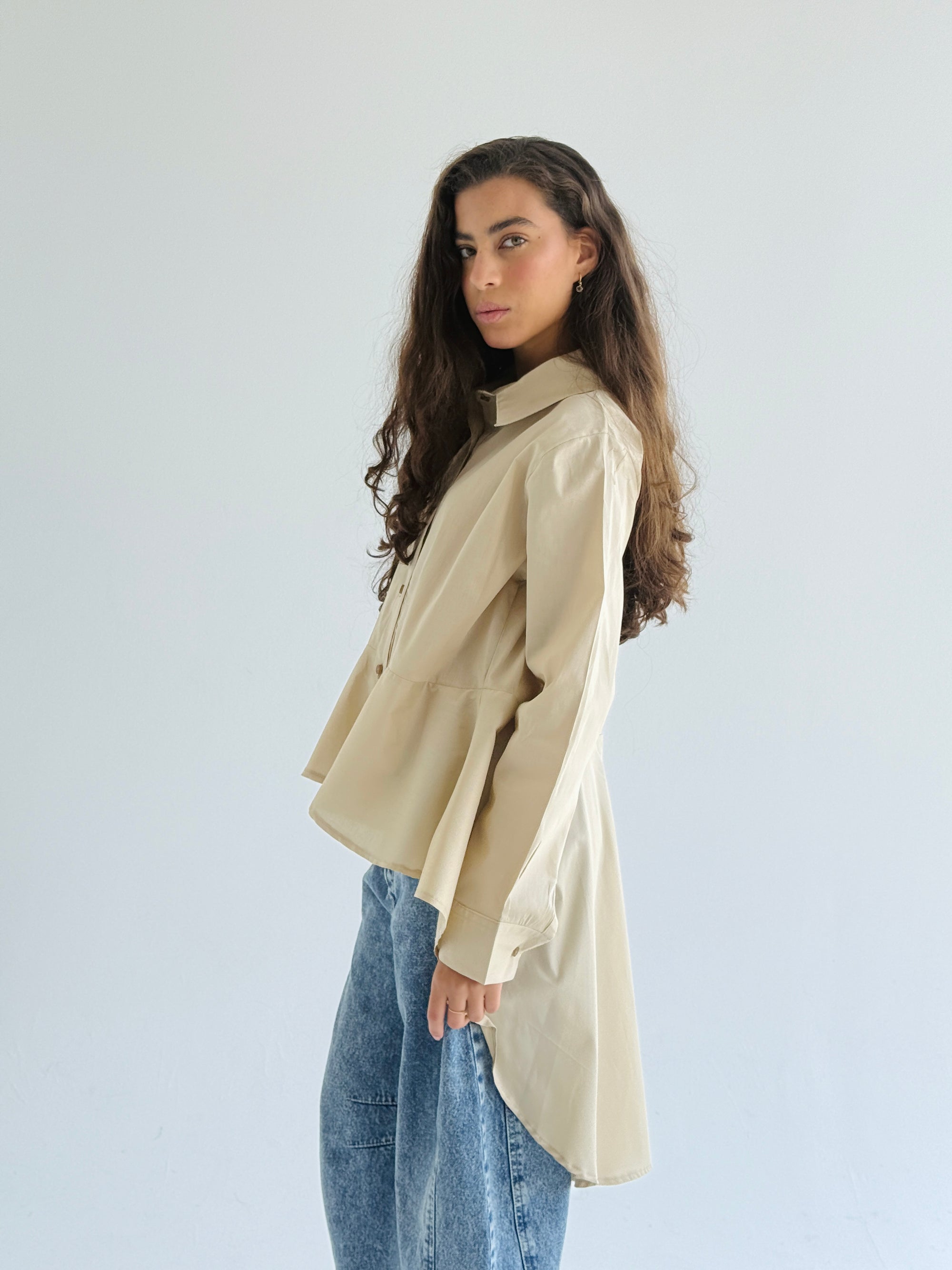 Beige Round Ruffled Poplin Shirt