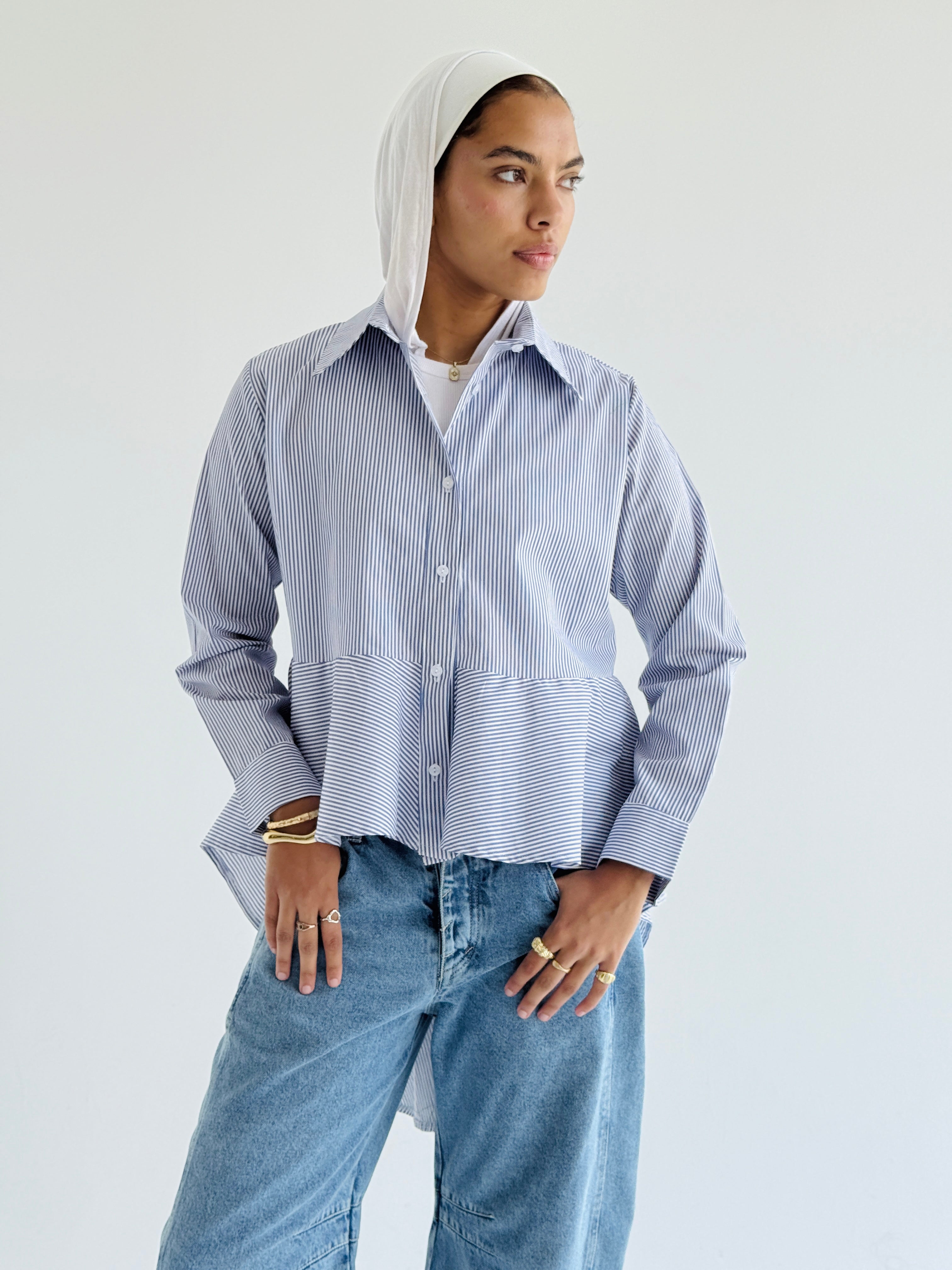 Striped Blue Round Ruffled Poplin Shirt