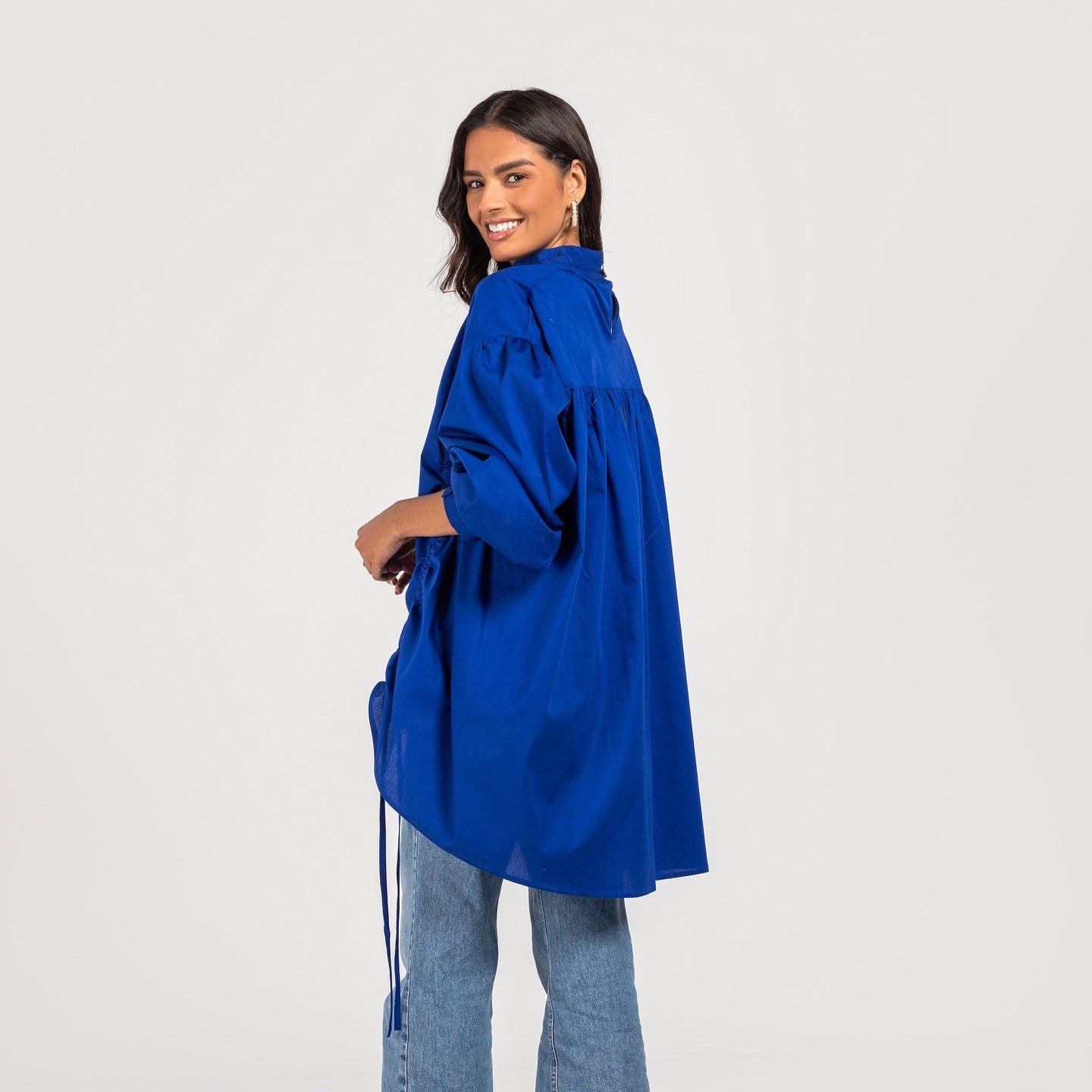 Blue Drawstring Poplin Shirt