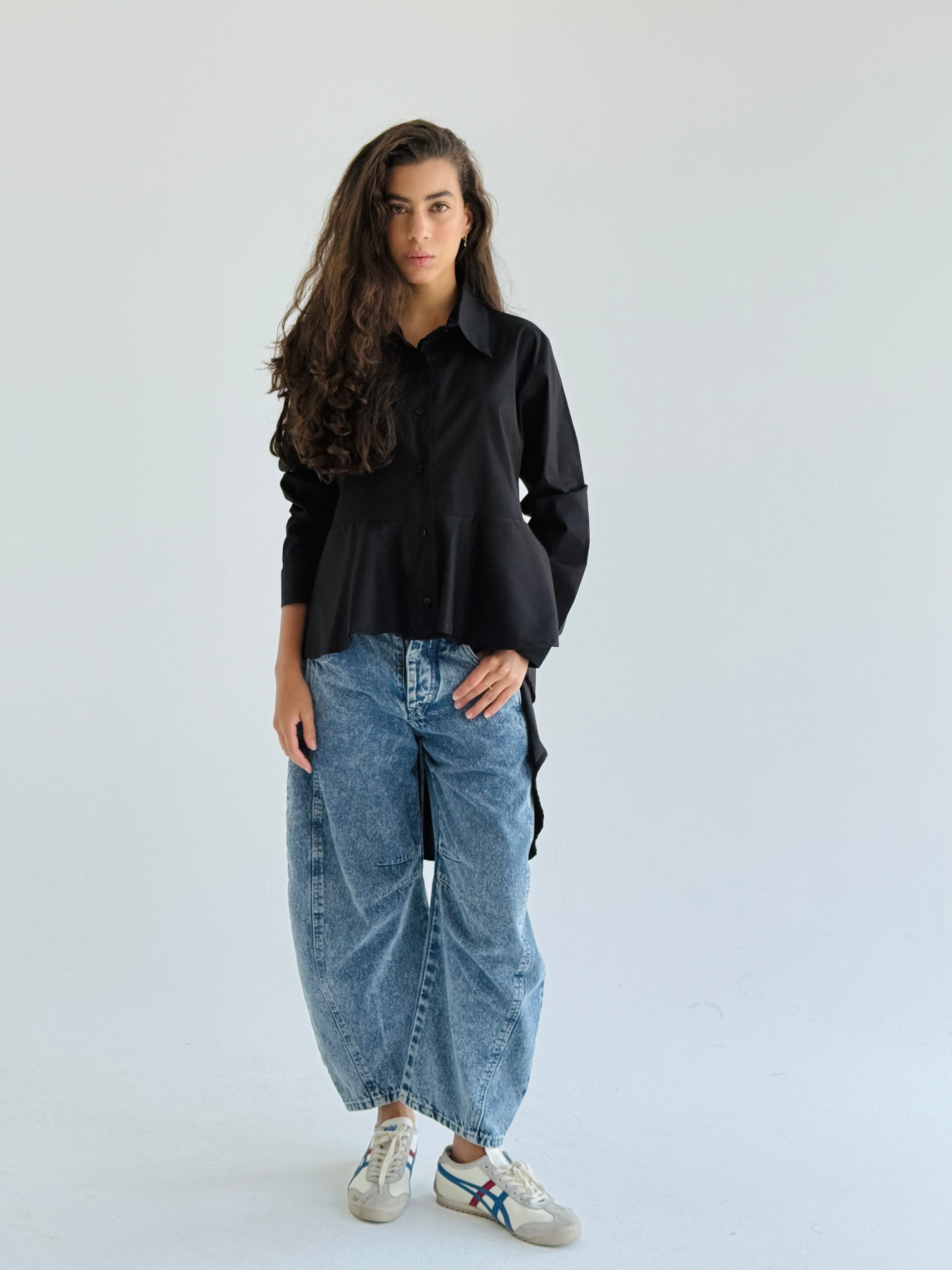 Black Round Ruffled Poplin Shirt