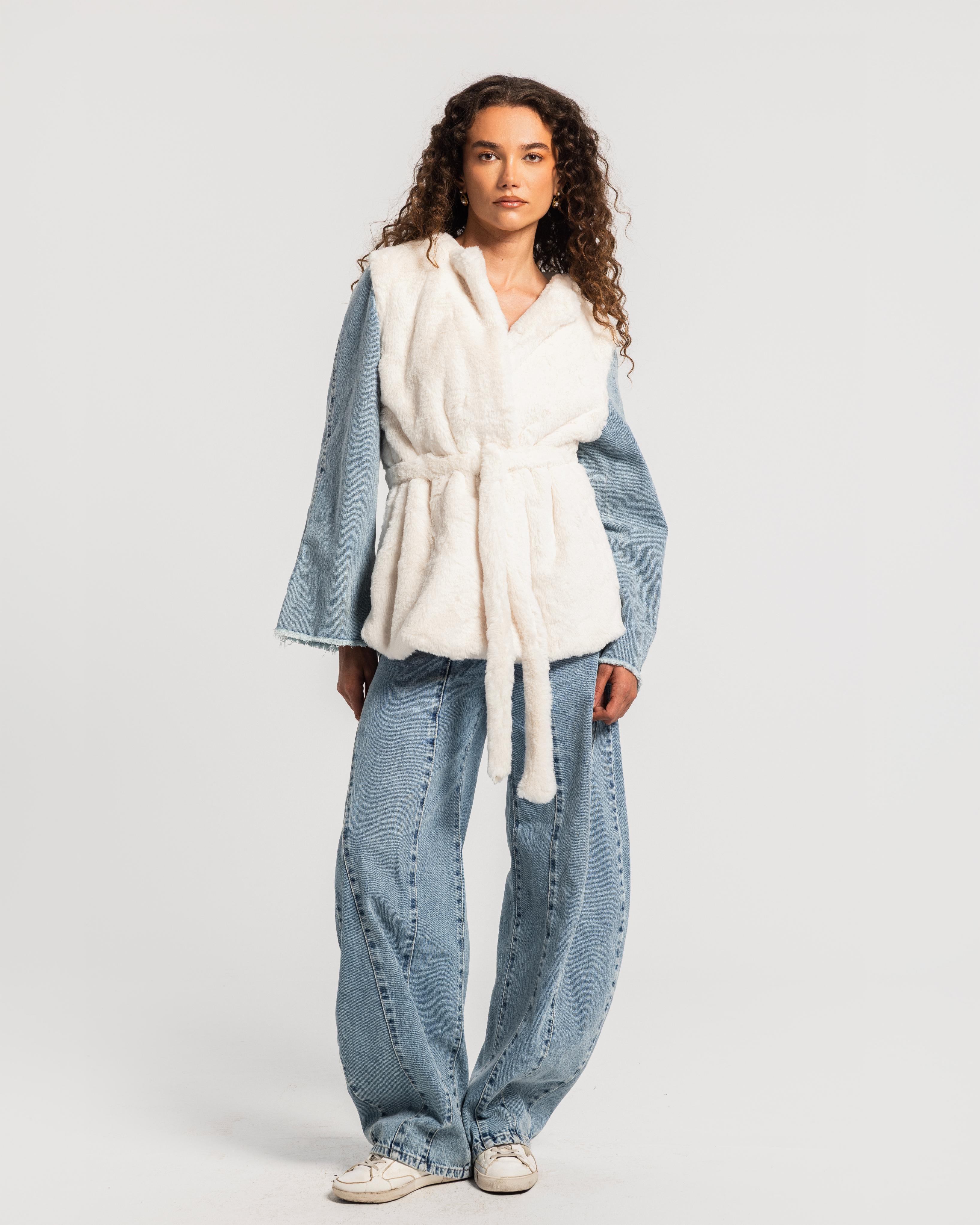 White Denim Sleeves Fur Jacket