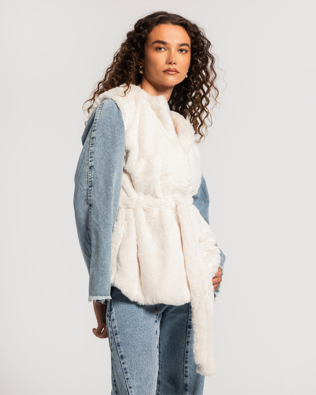 White Denim Sleeves Fur Jacket