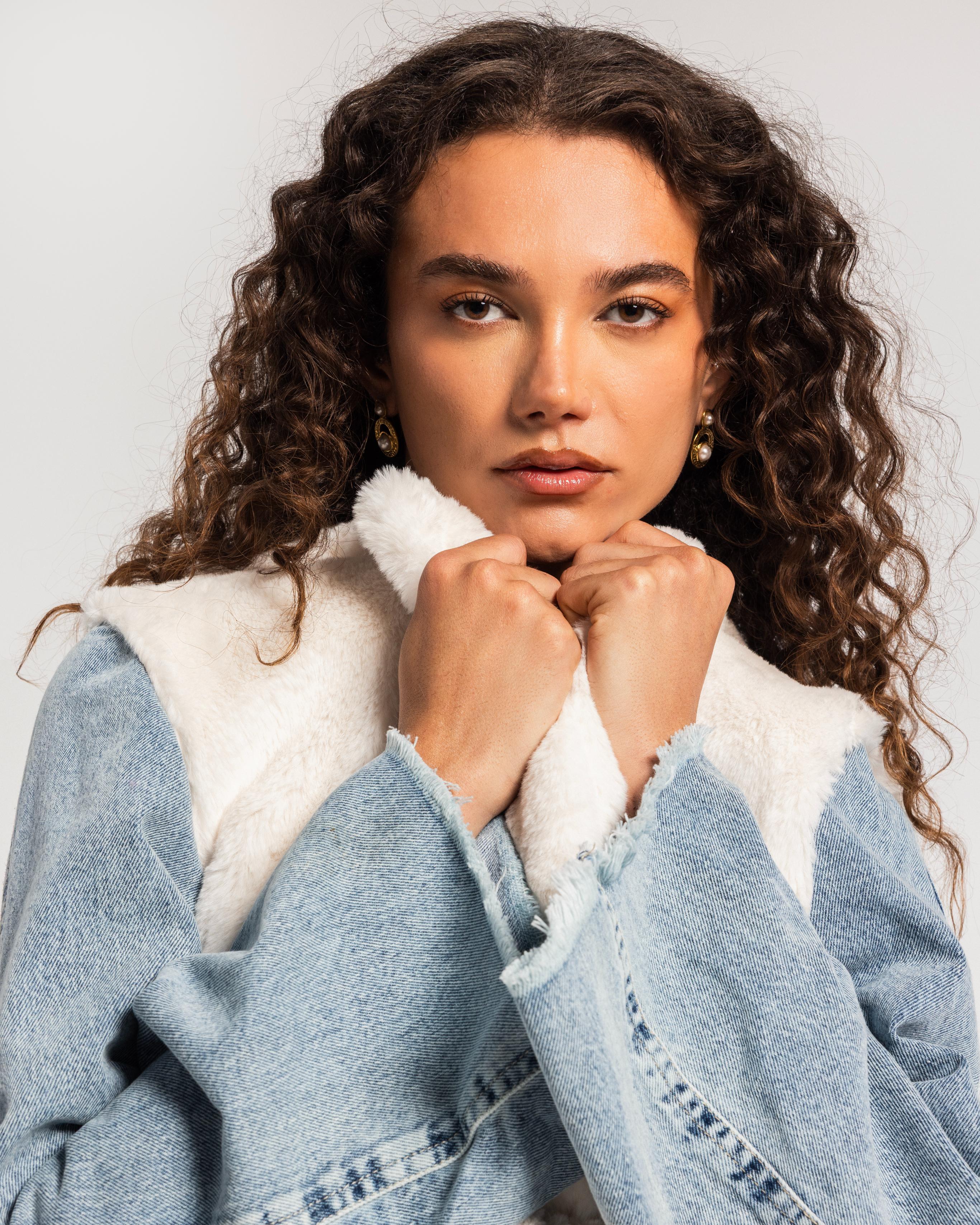 White Denim Sleeves Fur Jacket