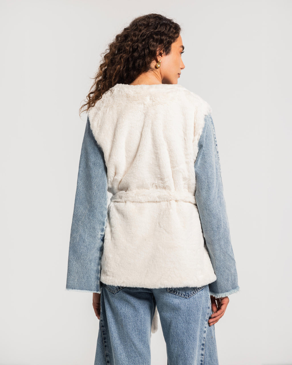 White Denim Sleeves Fur Jacket