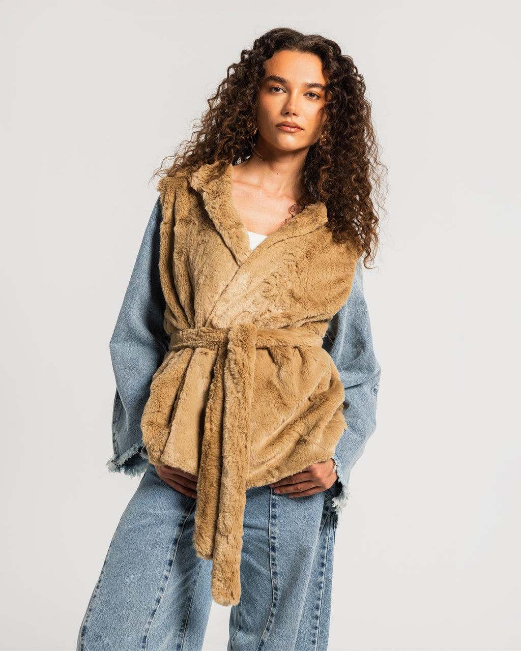 Beige Denim Sleeves Fur Jacket