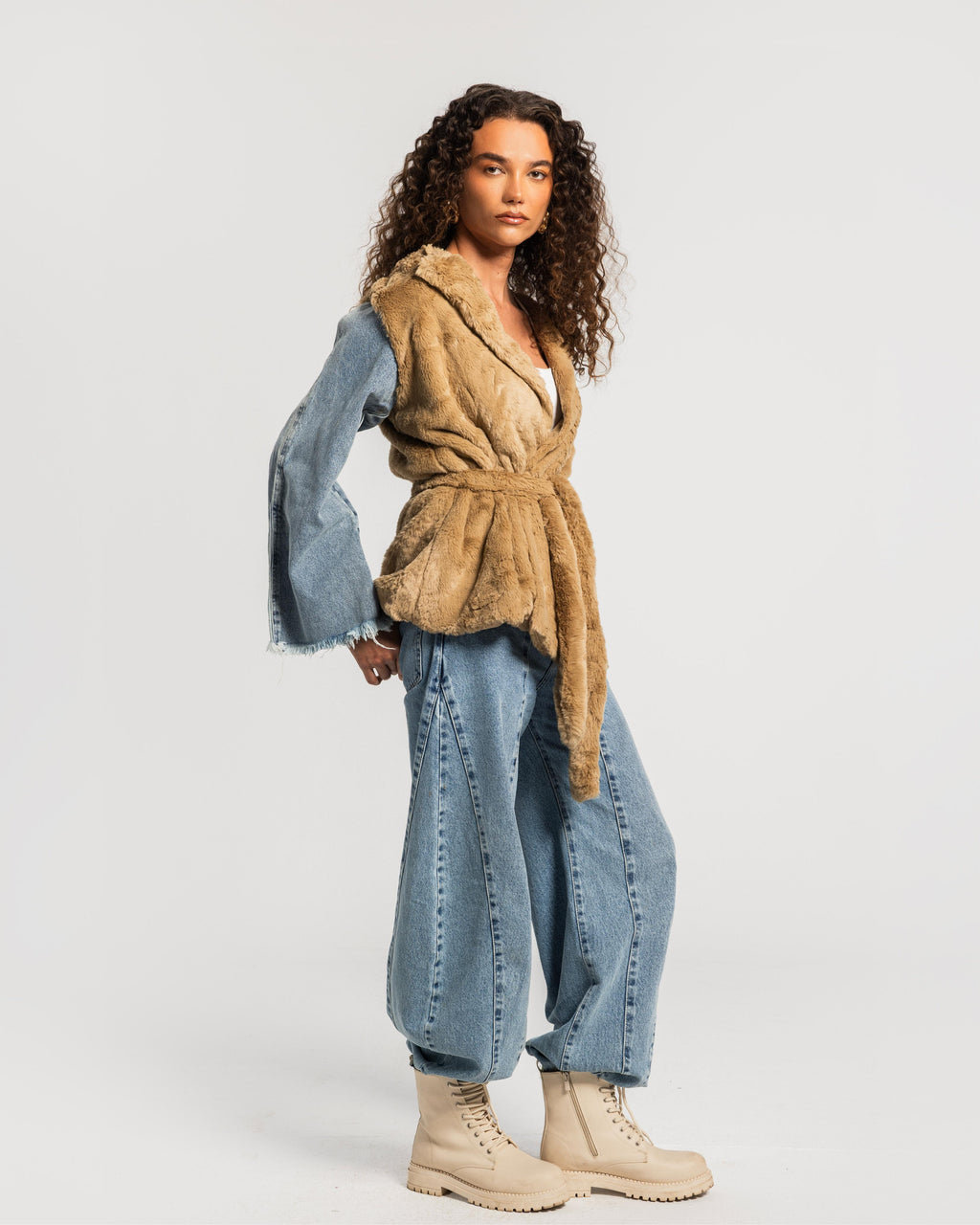 Beige Denim Sleeves Fur Jacket