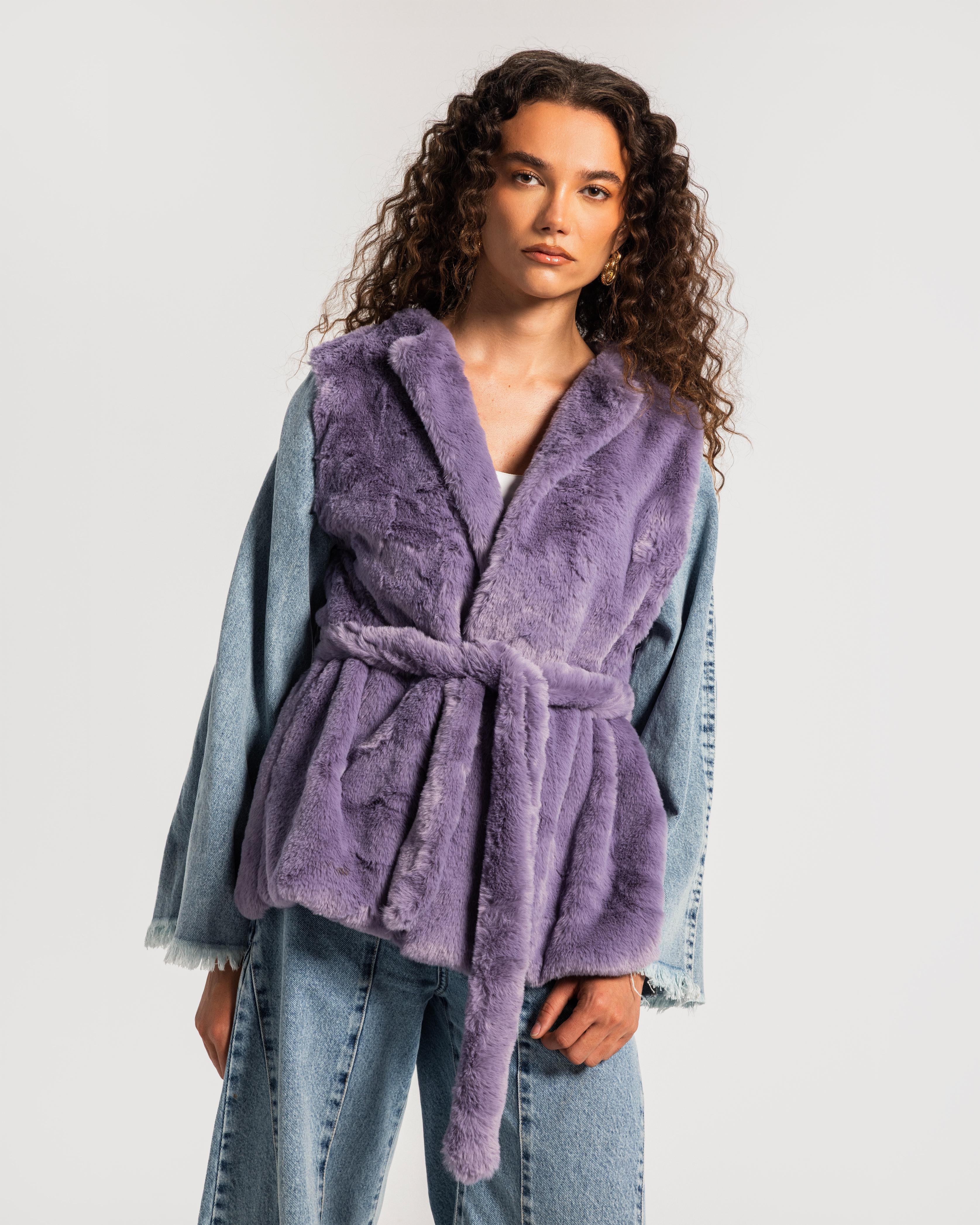 Lilac Denim Sleeves Fur Jacket